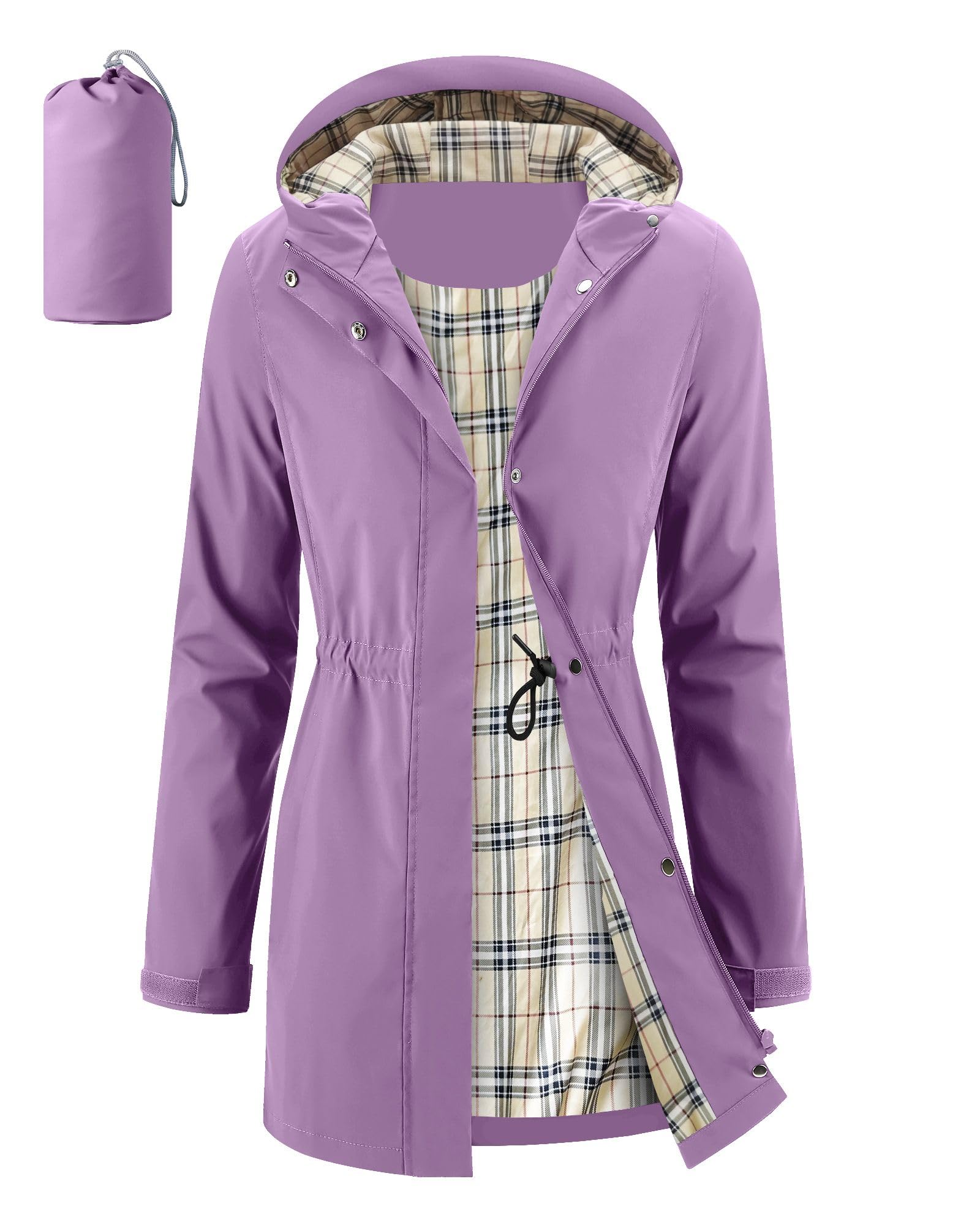 iCreek Women's Long Rain Jacket Waterproof Packable Hooded Windbreaker | Long Rain Coat, Windproof, Lightweight, Drawstring Waist, Plaid Lined, Zip Pockets, for Outdoor, Travel, Daily Wear