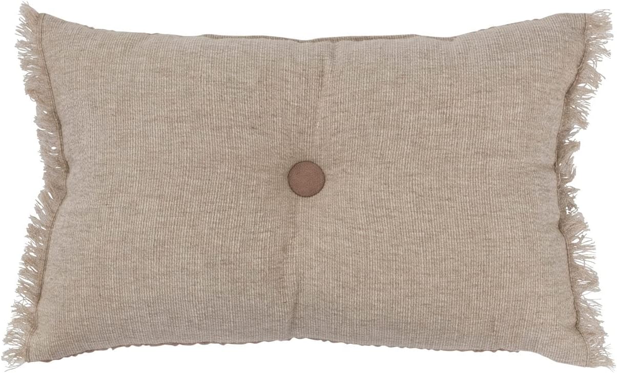 Creative Co-Op Linen and Cotton Tufted Two-Sided Lumbar Pillow with Button and Fringe