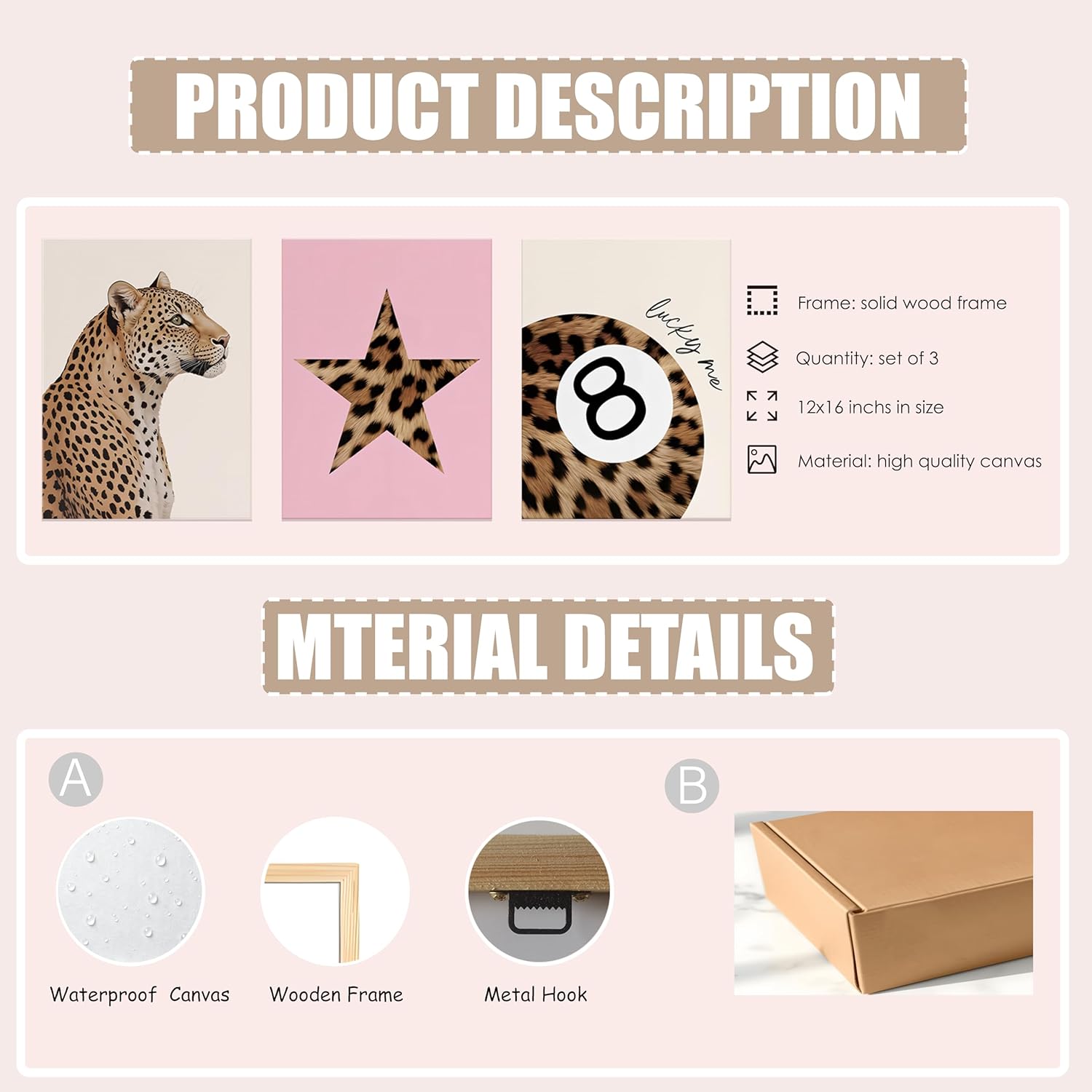 ZBMYYGO 3Pcs Pink Trendy Leopard Canvas Wall Art，Preppy Y2K trend Lucky 8 Ball Cheetah Posters Print Decor Decor for Bedroom, bathroom living room College Dorm, 12x16in Framed