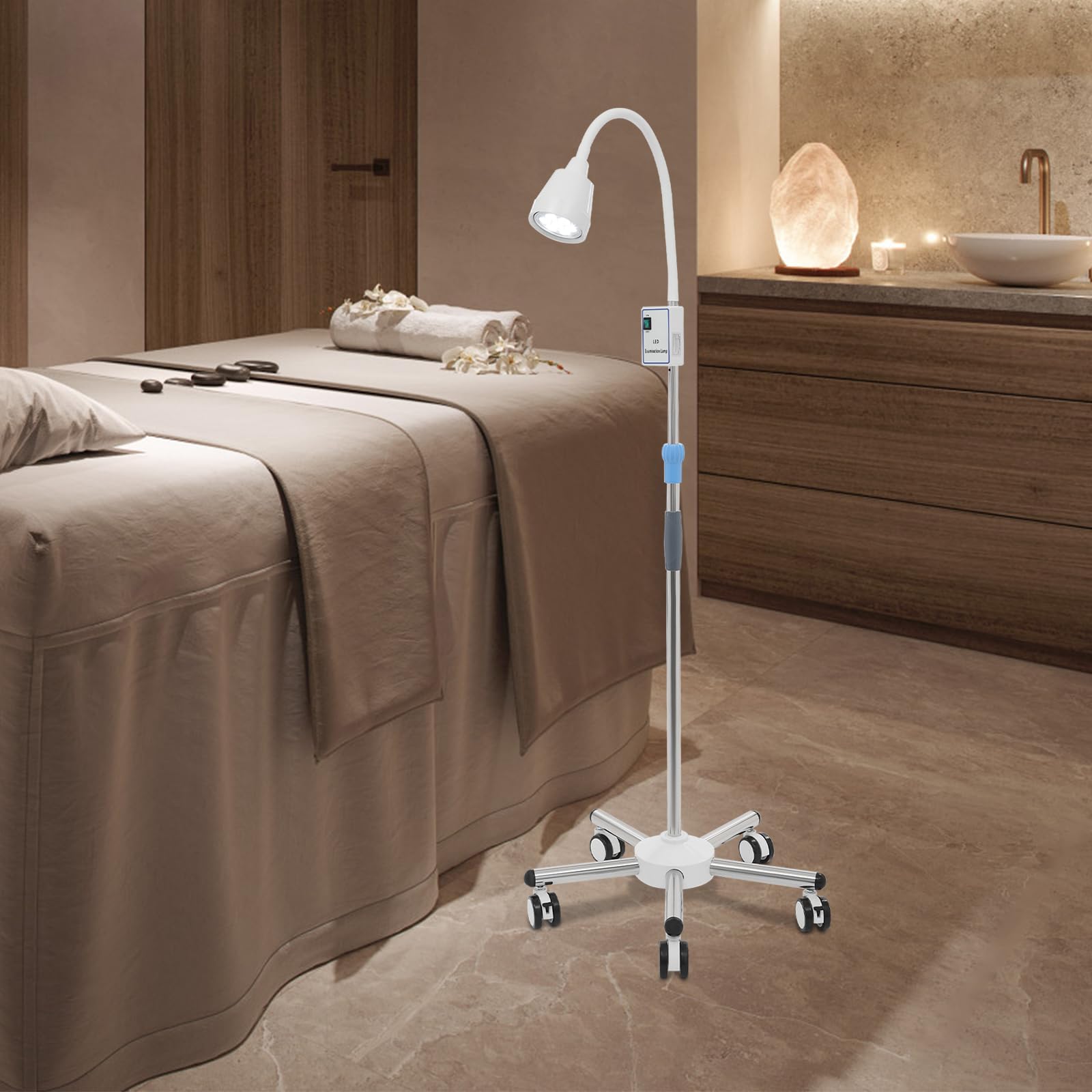 Lampe d'examen chirurgical LED - Lampe d'examen médical - Lampe de sol rotative à 360° - Éclairage dentaire et oral - Hauteur réglable