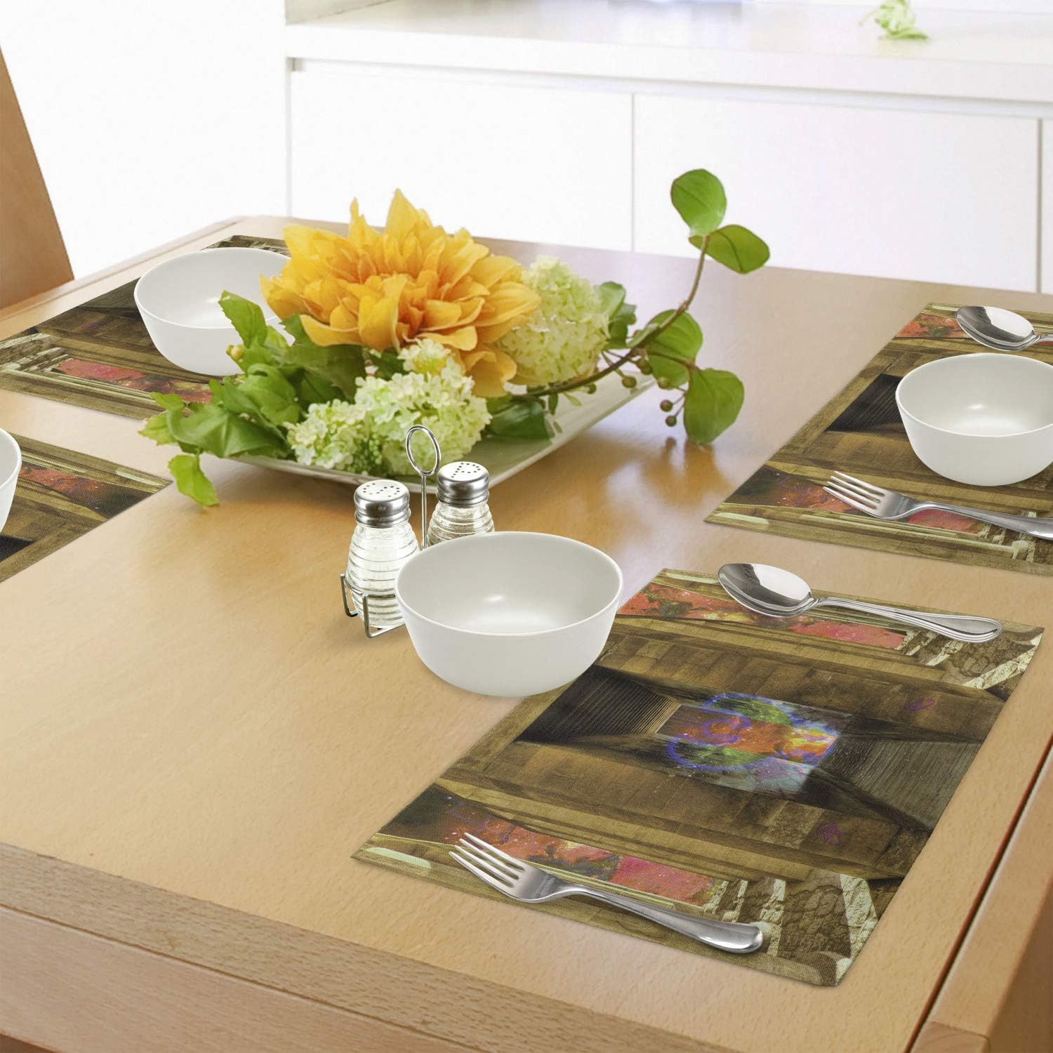 Ambesonne Egypt Place Mats Set of 4, Unusual Mystical Inside Rocky Walls and Stairs Culture Art Image, Washable Fabric Placemats for Dining Table, Tan Peach