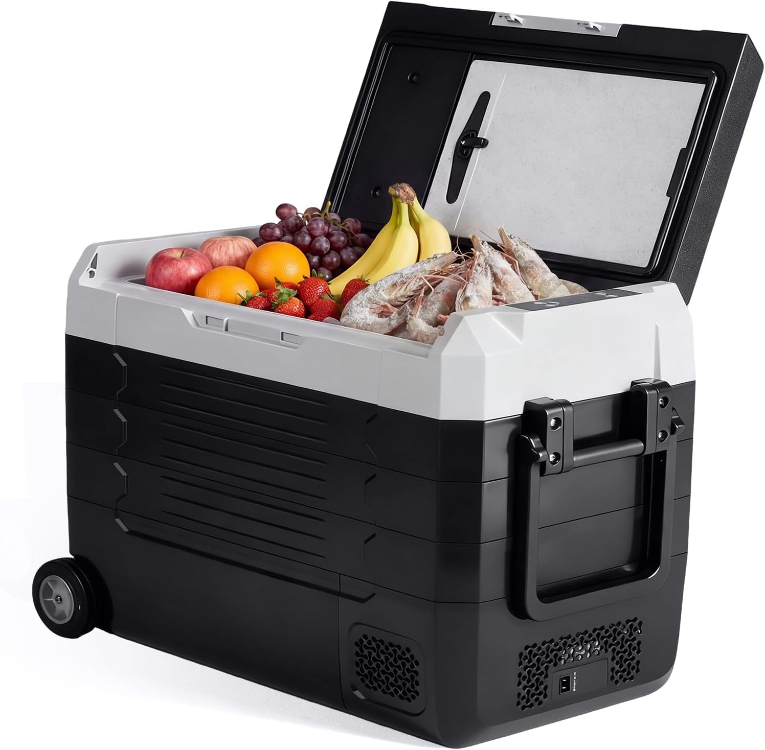 NEWBULIG 12 Volt Car Refrigerator, 53QT Dual-Zone Electric Cooler for Vehicles with Wheels, 12/24V DC & 100-240V AC, -4℉-68℉ Freezer, Bluetooth Control, Battery Protection for Travel, Camping