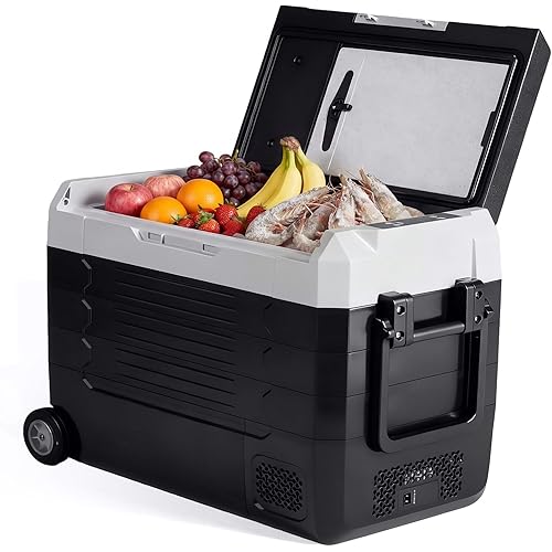 NEWBULIG 12 Volt Car Refrigerator, 53QT Dual-Zone Electric Cooler for Vehicles with Wheels, 12/24V DC & 100-240V AC, -4℉-68℉ Freezer, Bluetooth Control, Battery Protection for Travel, Camping