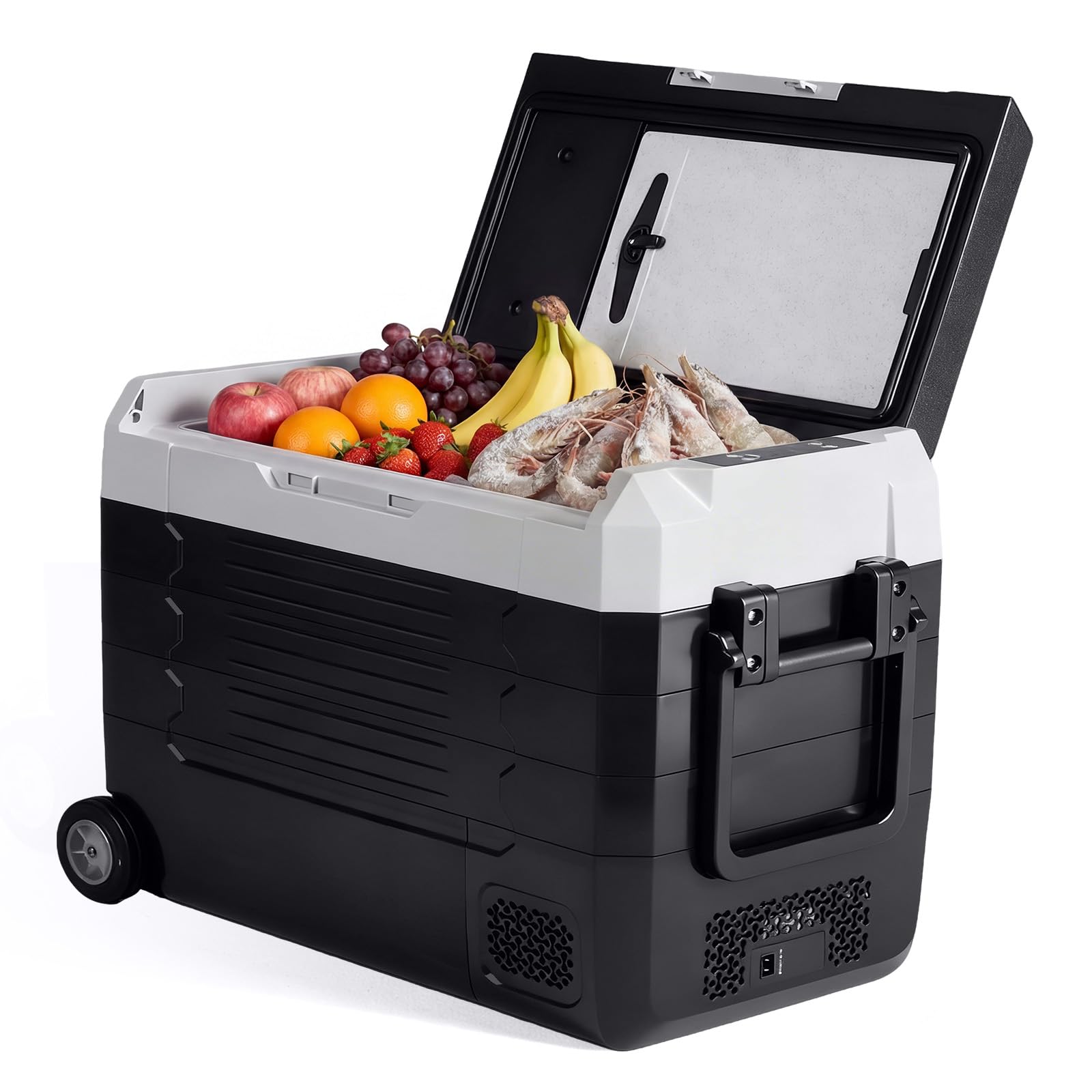 newbulig 12 volt car refrigerator, 53qt dual-zone electric cooler for vehicles with wheels, 12/24v dc & 100-240v ac, -4-68 freezer, bluetooth control, battery protection for travel, camping