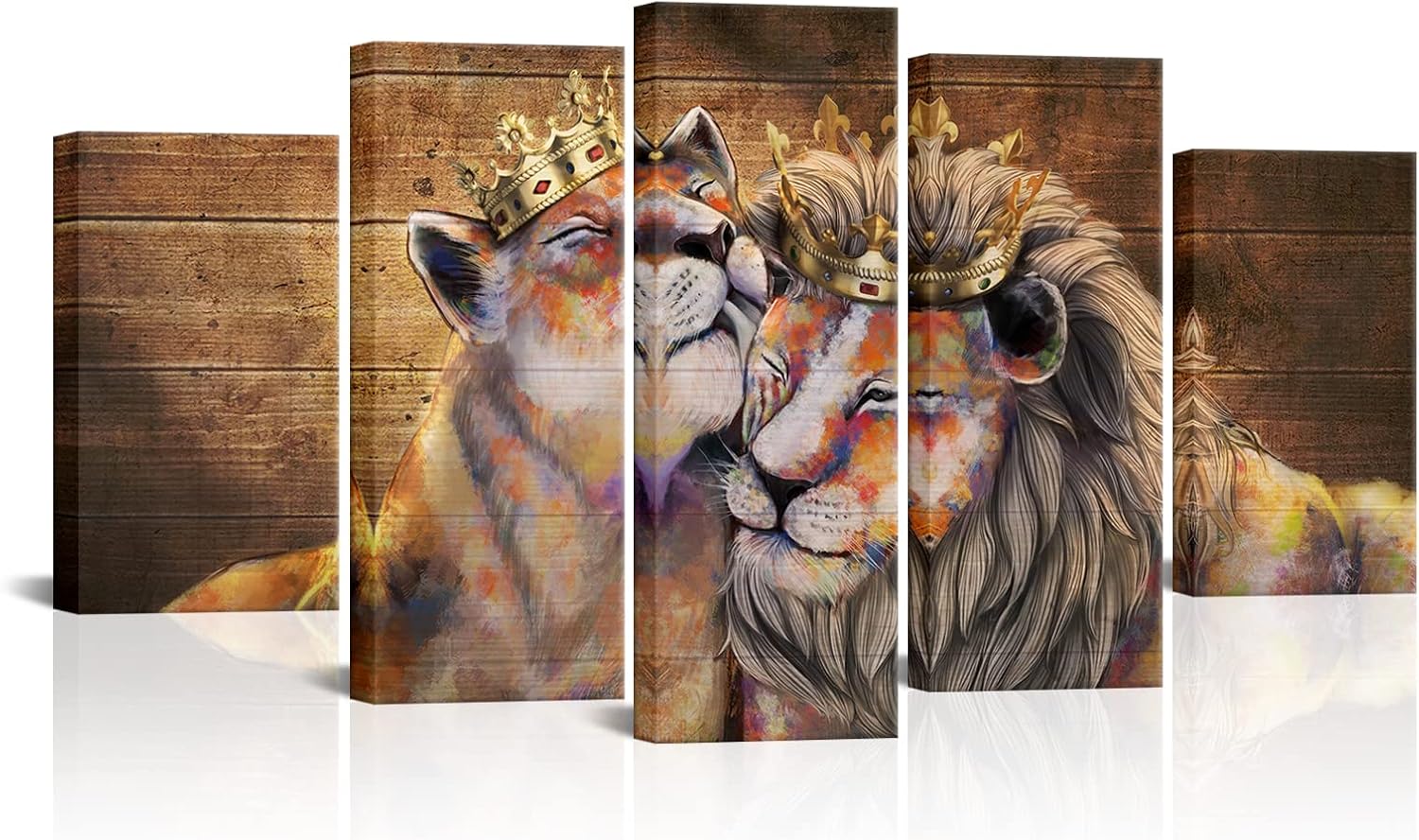 iLOOKLiKE 5 Panels Brown Lion Couple Canvas Wall Art King and Queen Lioness with Golden Crown Picture Vintage Wildlife Animal Painting Prints Home Living Room Wall Decorative Srtretched and Framed