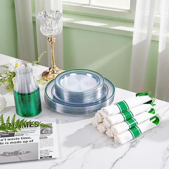 I00000 350 Pcs Clear Green Plastic Dinnerware Set for 50 Guests