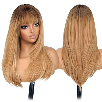 Eawwii Wig with Bangs for Women Honey Blonde Brown Mix with Dark Roots Straight Face-Framing Layers Hairstyle 4x4 Realistic Scalp Glueless Synthetic Wigs Medium Length for Everyday Use