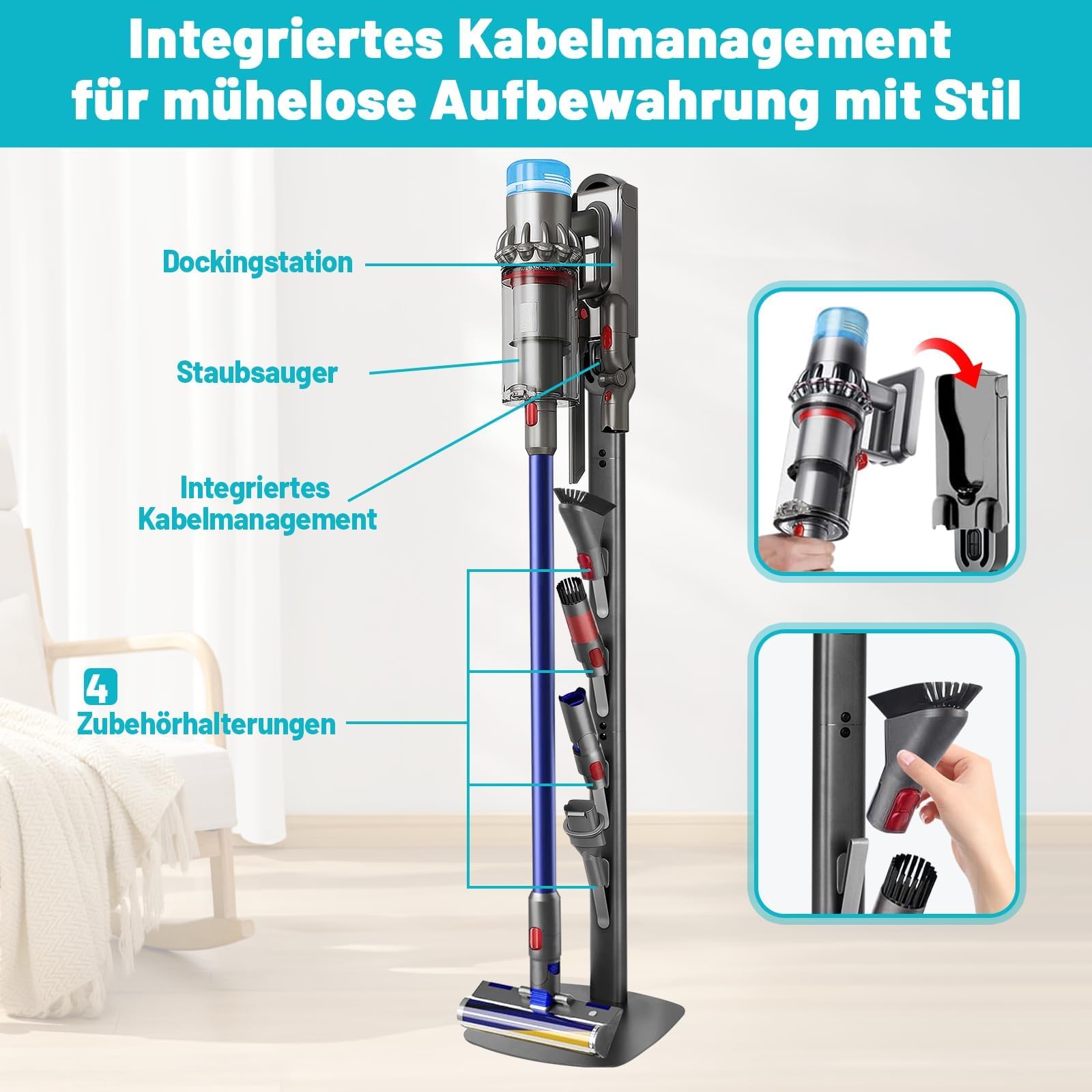 Staubsauger Halterung Ständer für Dyson Akkusauger Gen5 V16 V15 V12 V11 V10 V8 V7 V6, Kein Bohren Bodenständer Ladestation, Platzsparende Aufbewahrung, Zubehörhalter Speichern und Organisieren Küche, Haushalt & Wohnen