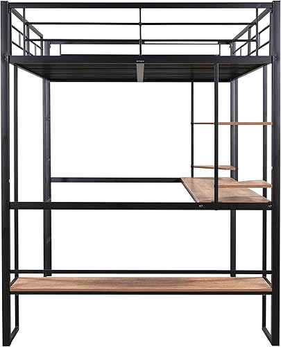 Miniatura 5 de ODC Cama alta de metal con escritorio marco de cama alta resistente de tamaño matrimonial con 4 estantes de almacenamiento cama alta de tamaño