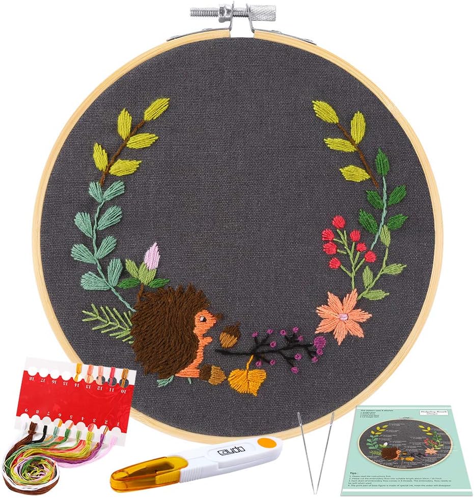 Caydo Full Range Embroidery Starter Kit with Pattern and Instructions, Embroidery Cloth with Hedgehog Pattern, Bamboo Embroidery Hoops, Color Threads and Tools (Gray)