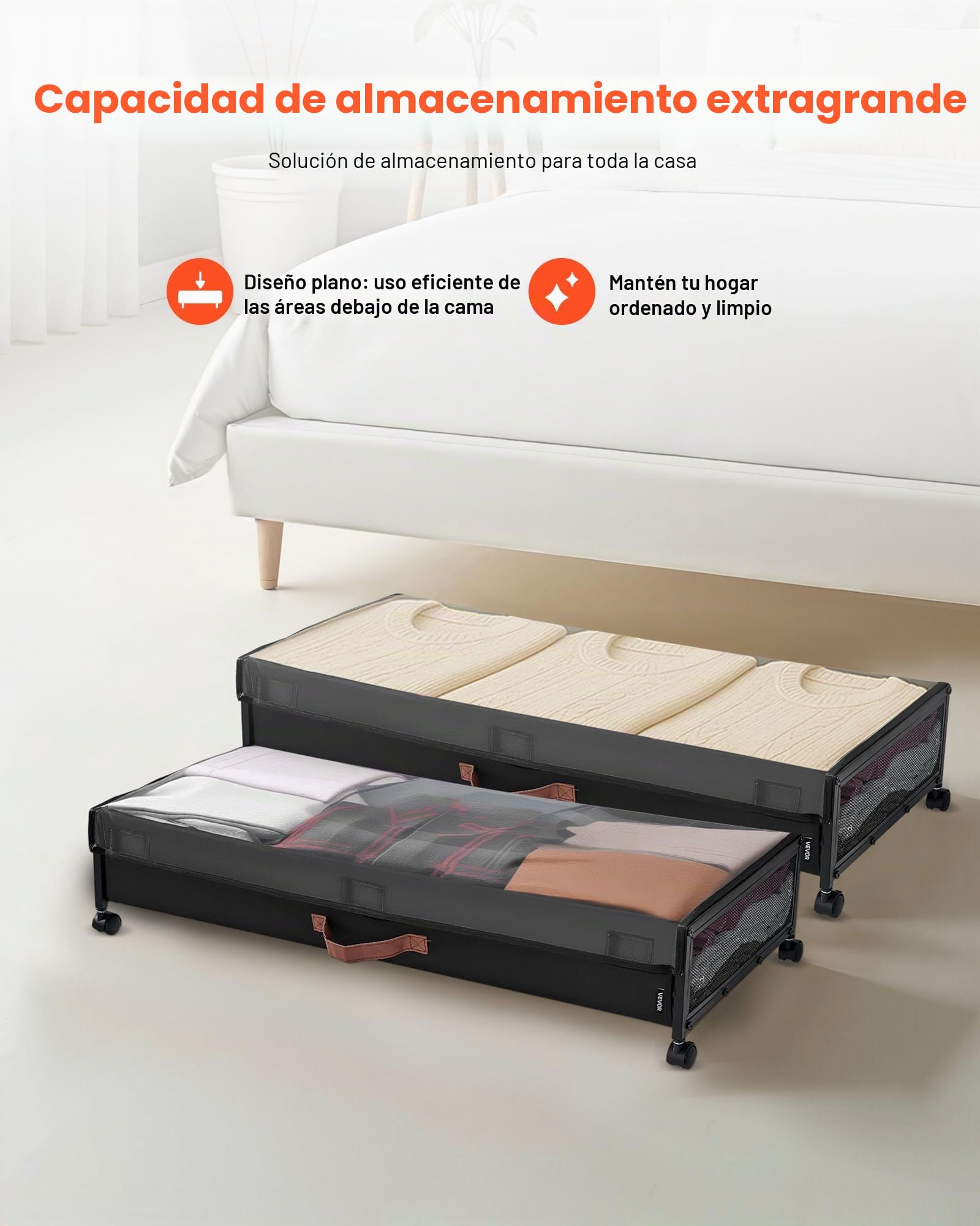 VEVOR Contenedor de Almacenaje para Debajo de Cama con Ruedas 91,5 x 46 x 18,5 cm 2 Piezas Bolsa Bajo Cama con Tapa Transparente Organizador de Ropa, Zapatos, Mantas para Dormitorios, Salas de Estar