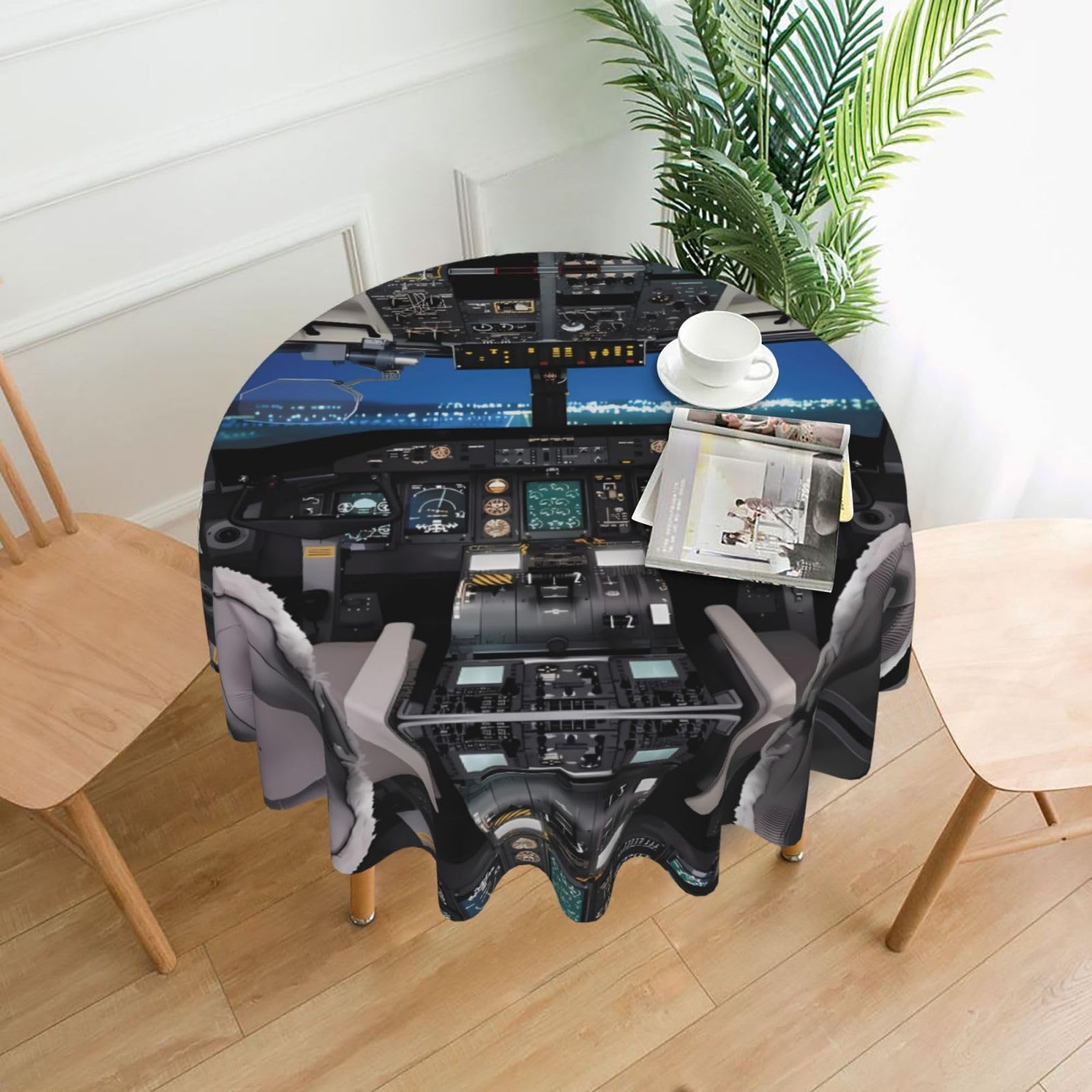 hhxvcv Airplane Cockpit Round Tablecloth – Dining Table Cover
