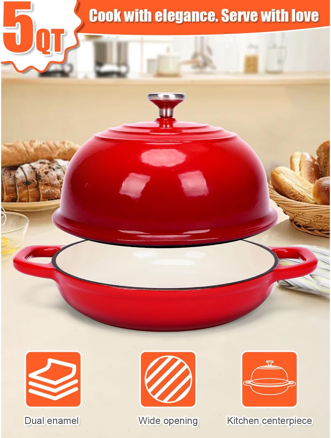 QuliMetal Dutch Oven Bread Baking- 5QT Enamel cast iron Oven with Sourdough Bread-Baking Supplies like Bread Proofing Basket, Scoring Lame, Dough Whisk for Sour dough, Bread-making Red - Image 2