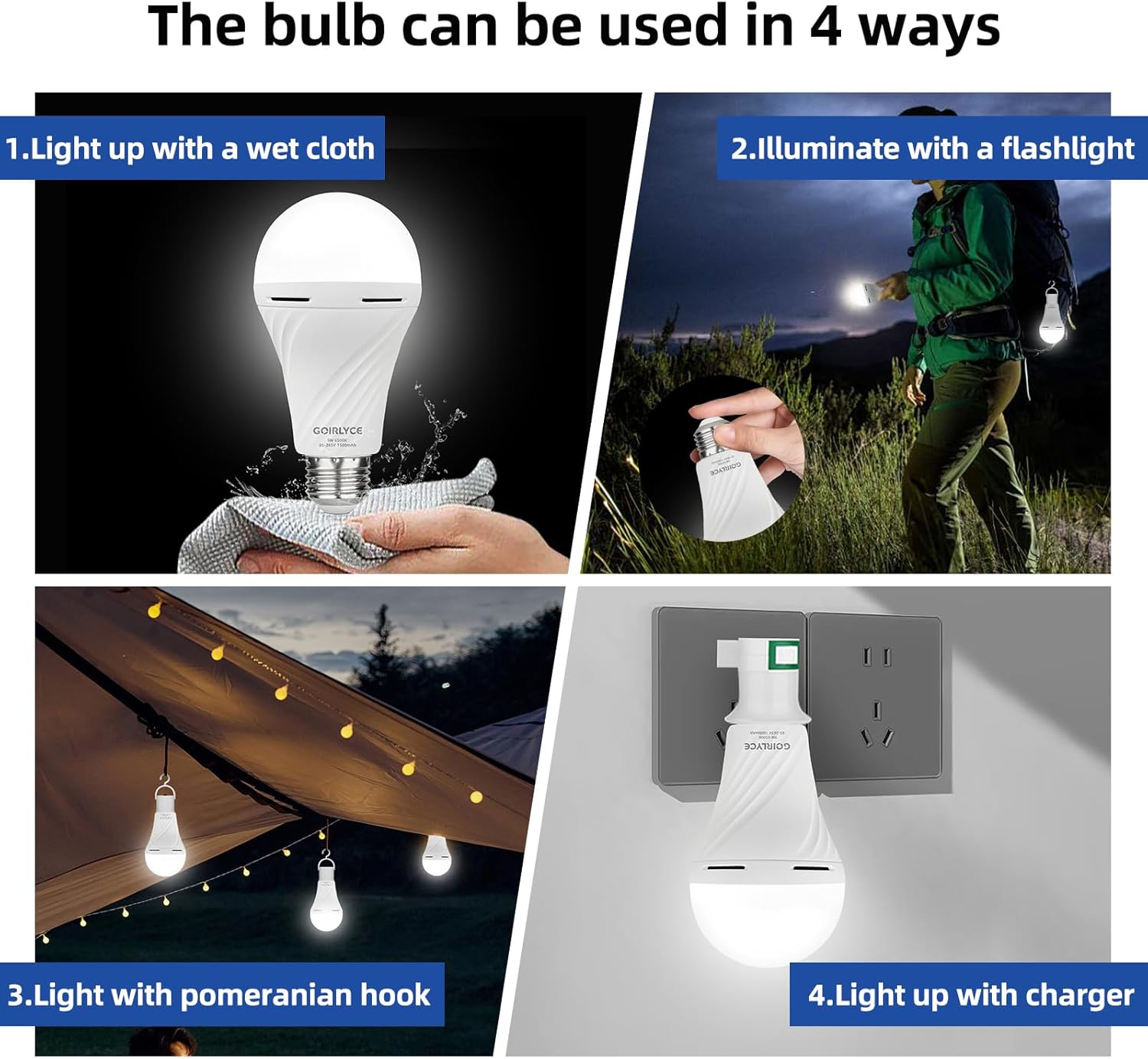 Rechargeable Emergency Light Bulbs, 6 Pack Battery Powered LED Light Bulb with 9W Daylight E27 6500K 1800mAh, Equivalent Self-Charging LED Light Bulbs for Home Power Outage Camping Hurricane Hiking