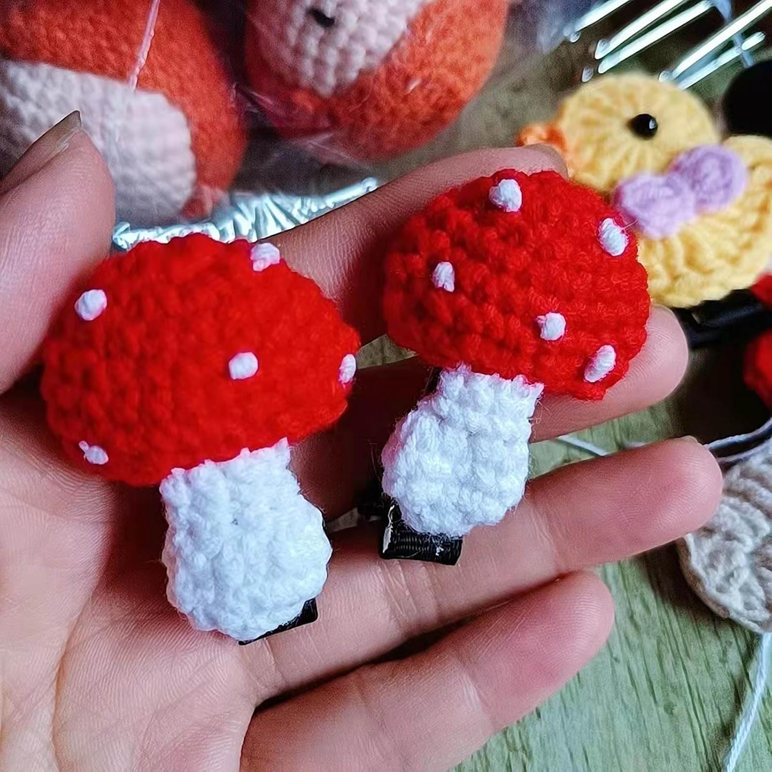 Handmade Crochet Mushroom Hair Clip Headwear Sweet Cute Knitted Hairpins Hair Accessories Party Supplies For Girls Unique Crochet Hairpin For Women Cosplay image 5