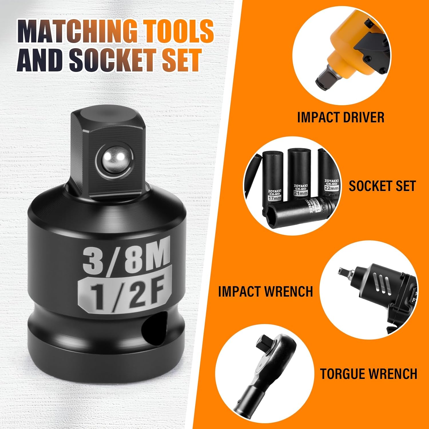 1/2" F to 3/8" M Socket Adapter 2PCS Set, CR-MO Steel Square Drive Converter Kit for Impact Wrenches & Ratchets, Heavy Duty Socket Reducer/Enlarger for Auto Repair