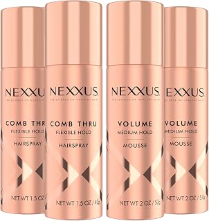 Nexxus Travel Hairspray and Mousse Bundle – Comb Thru Flexible Hold Hairspray (1.5 Oz) 2-Pack + Volume Medium Hold Mousse (2 Oz) 2-Pack, Anti-Humidity, Frizz Control, Rose Fragrance