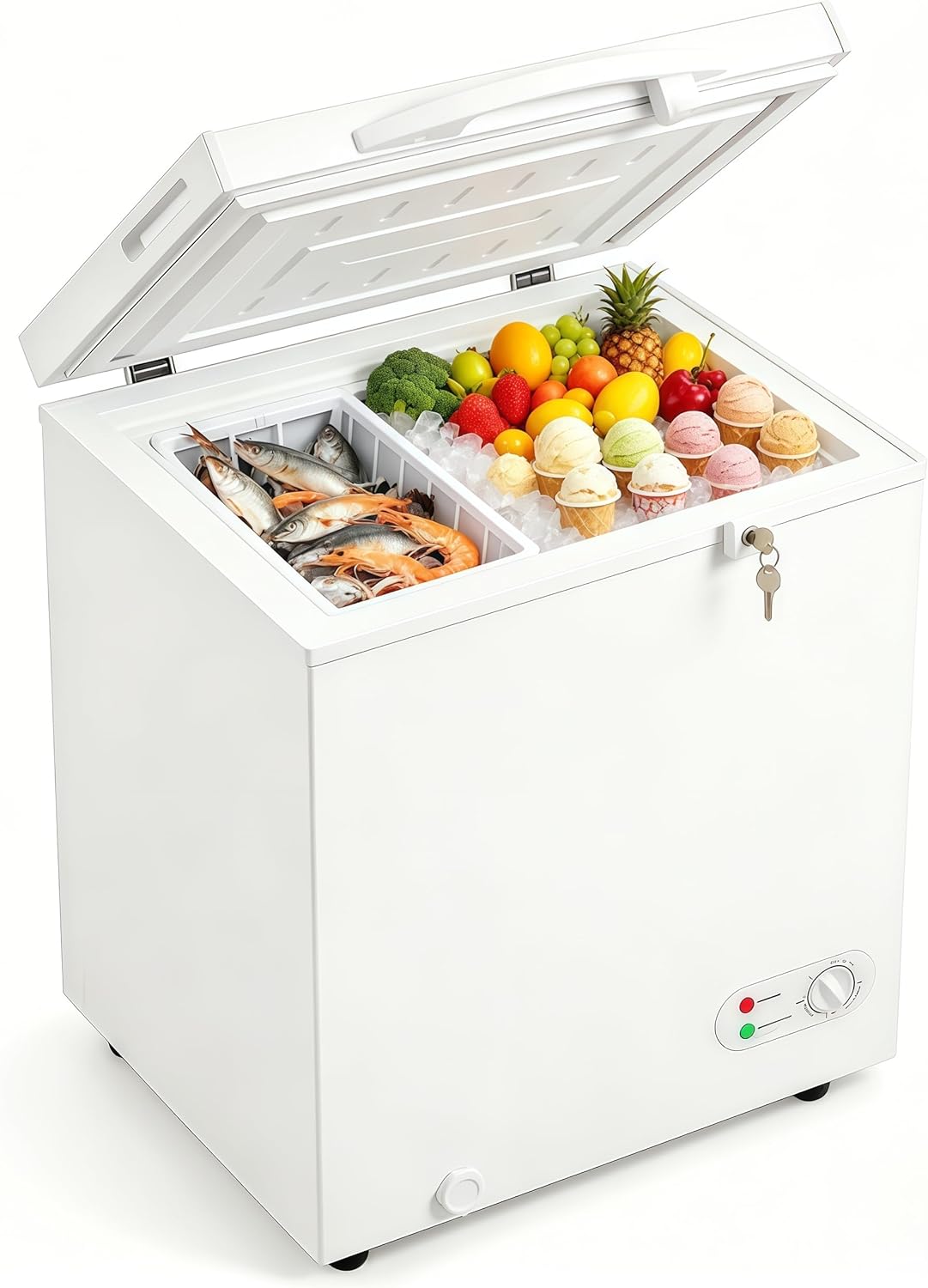 Compact Chest Freezer, Deep Freeze with 7 Adjustable Temperature Modes, Energy Efficient Small Stand Alone Freezer with Basket, Ice Shovel, Wheels & Lock, Ready for Apartment Dorm, White