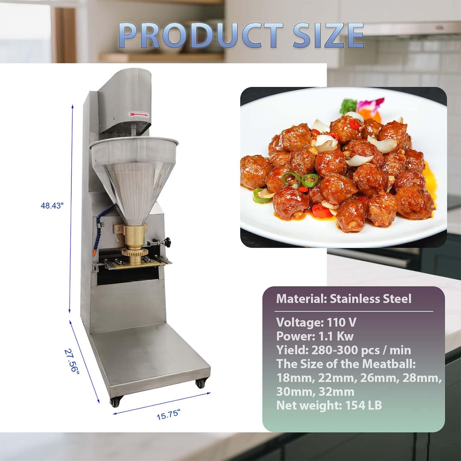 110V Vertical Stainless Steel Meatball Maker, Beef Fish Meat Ball Forming Machine, Commercial Meatball Former with Six Models Dia 18/22/26/28/30/32 mm, 280-300 Pcs/min