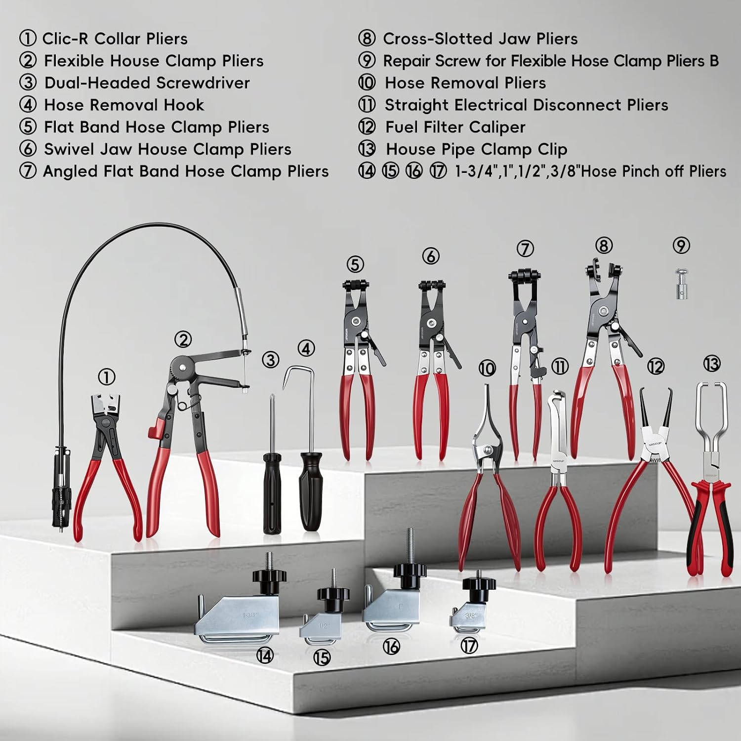 WISEUP 17pcs Hose Clamp Pliers Set, Hose Clamp Removal Tool with Electrical Disconnect Pliers & Long Reach Wire Spring Plier Set for Automotive Fuel, Oil, Coolant, Radiator Hoses