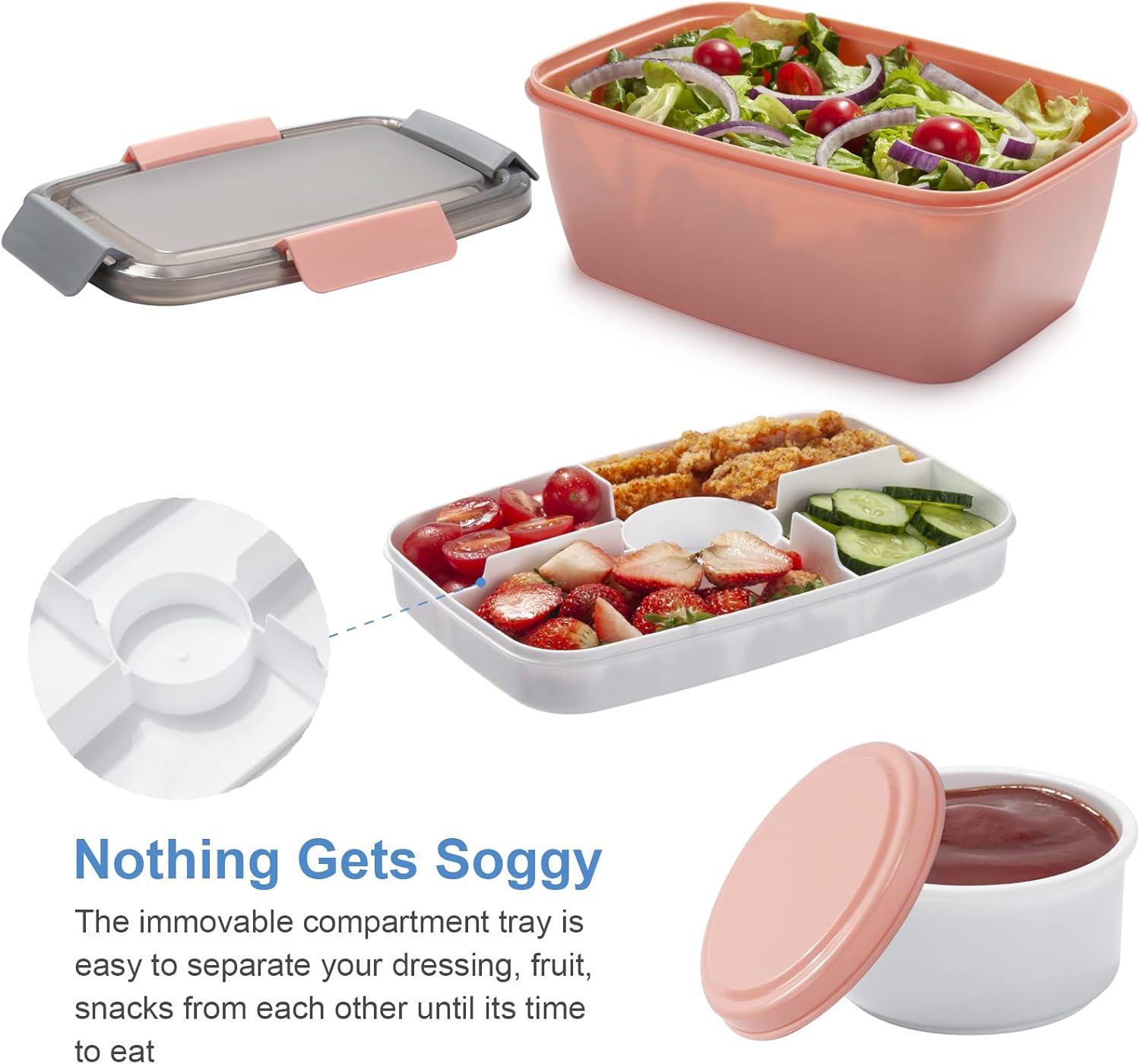 Freshmage Salad Lunch Container To Go, 68-oz Bowls with 4 Compartments, Dressing Container for Toppings, Snacks, Men, Women (Pink-XL) - Image 3