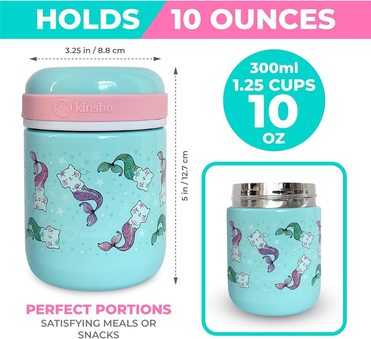 Bento Box with Stainless Steel Food Thermo for Hot Food or Soup, Insulated Lunch Bag, and Ice Pack Set for Kids Girl Toddlers. Ages 3 to 7 Pink Aqua Cat Mermaid