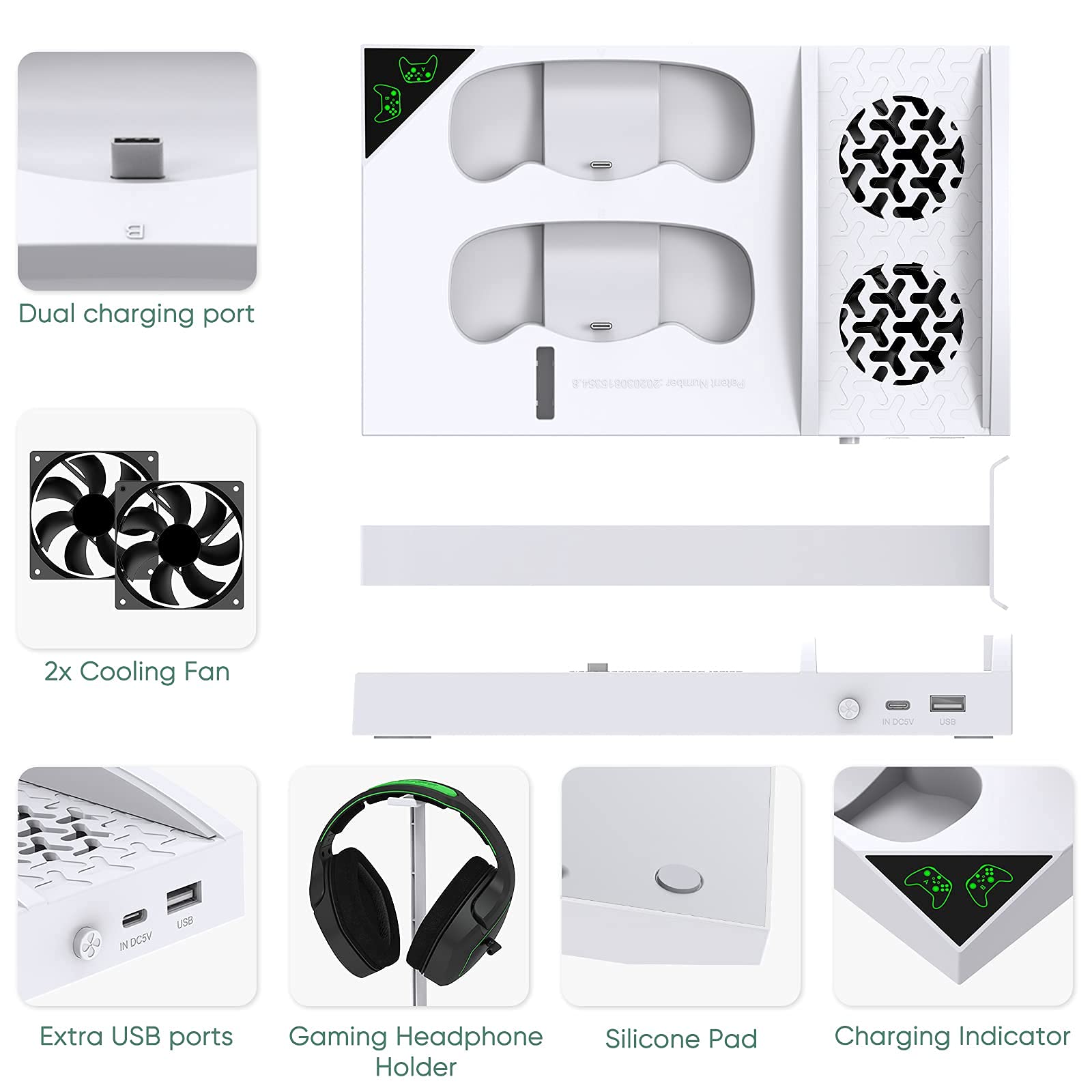 FASTSNAIL Soporte de carga con ventilador de refrigeración para controlador y consola Xbox Series S, accesorios de juego Xbox Series S con 2 baterías de 1400 mAh, estación de carga de controlador dual