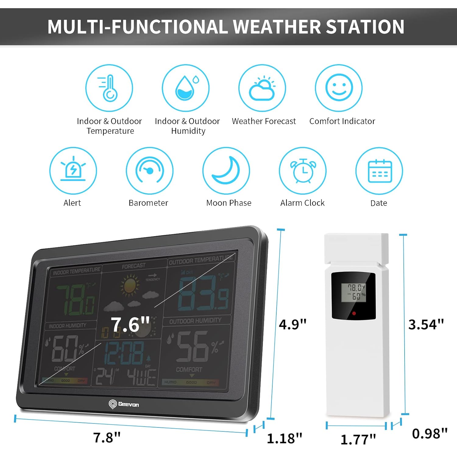 Multi-functional weather station display showing various readings and dimensions