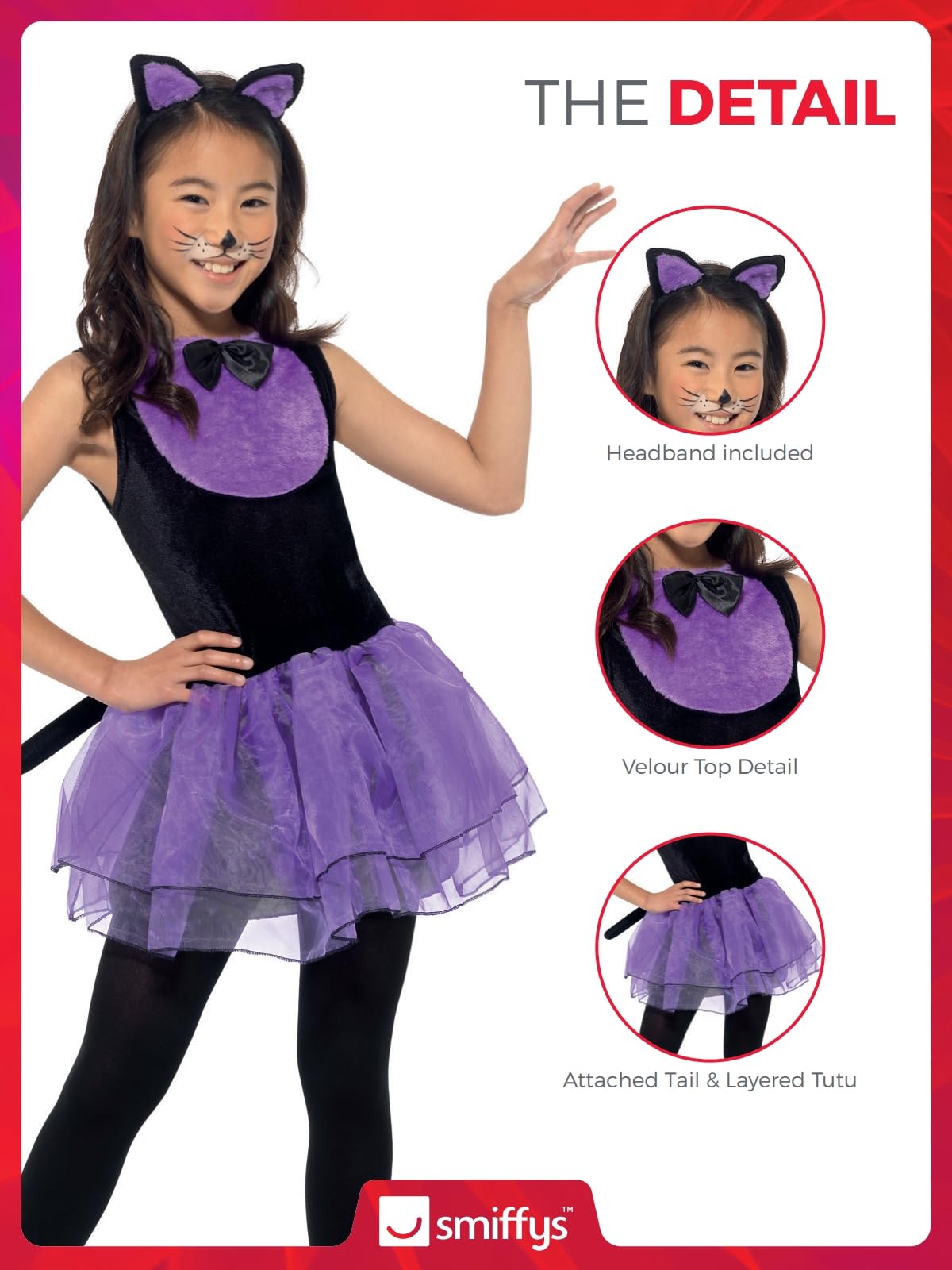 Smiffys Katzenkostüm Für Kinder – Schwarz-Lila Mit Tutu & Headband – Größe 10–12 Jahre