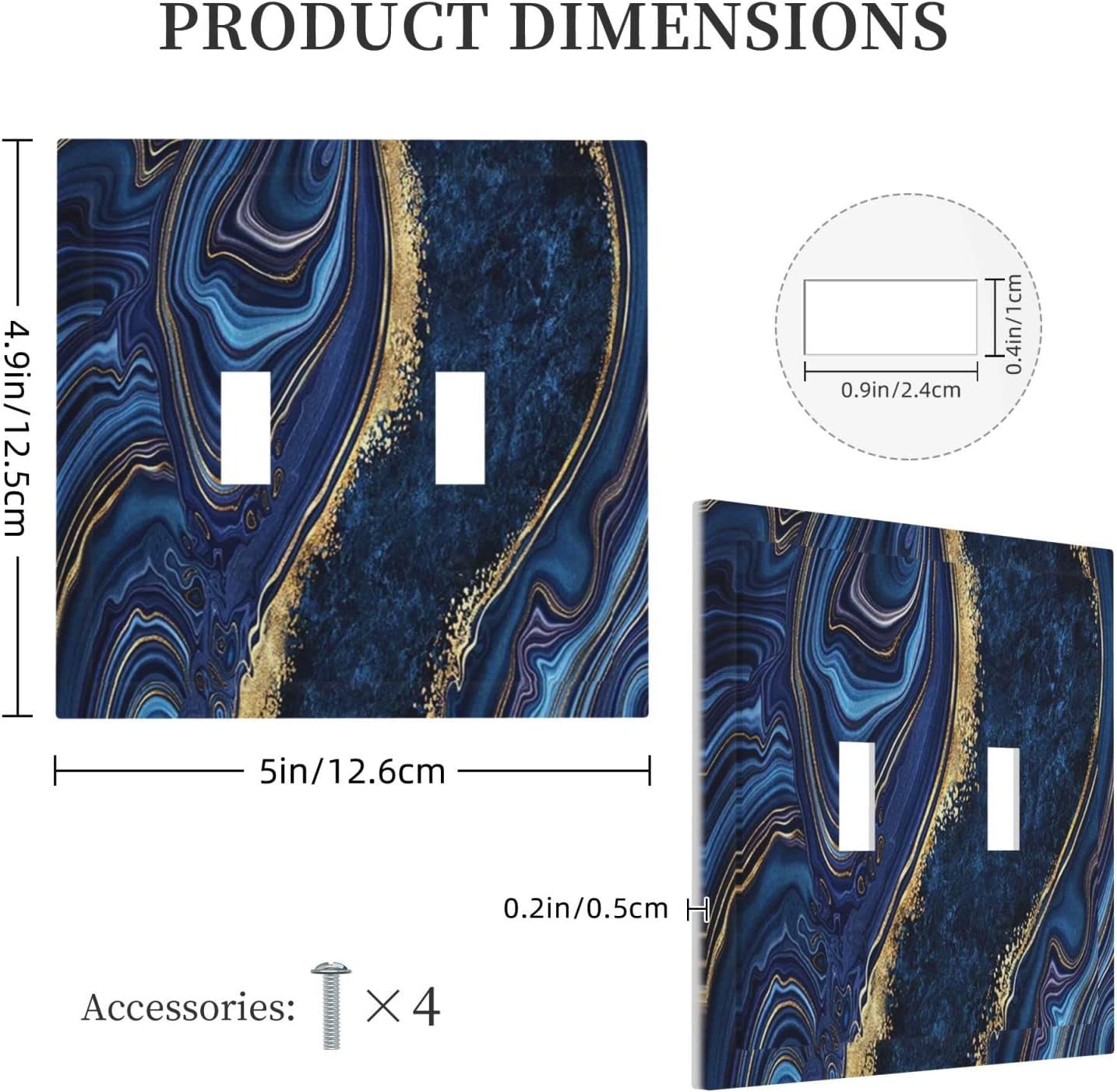 Luxury Marble Navy Blue 2 Gang Double Toggle Light Switch Cover Decorative Wall Plate Faceplate For Boys Men Modern Art Agate Stone Watercolor Gold Line Bathroom Home Living Room Decor 5" x 4.9