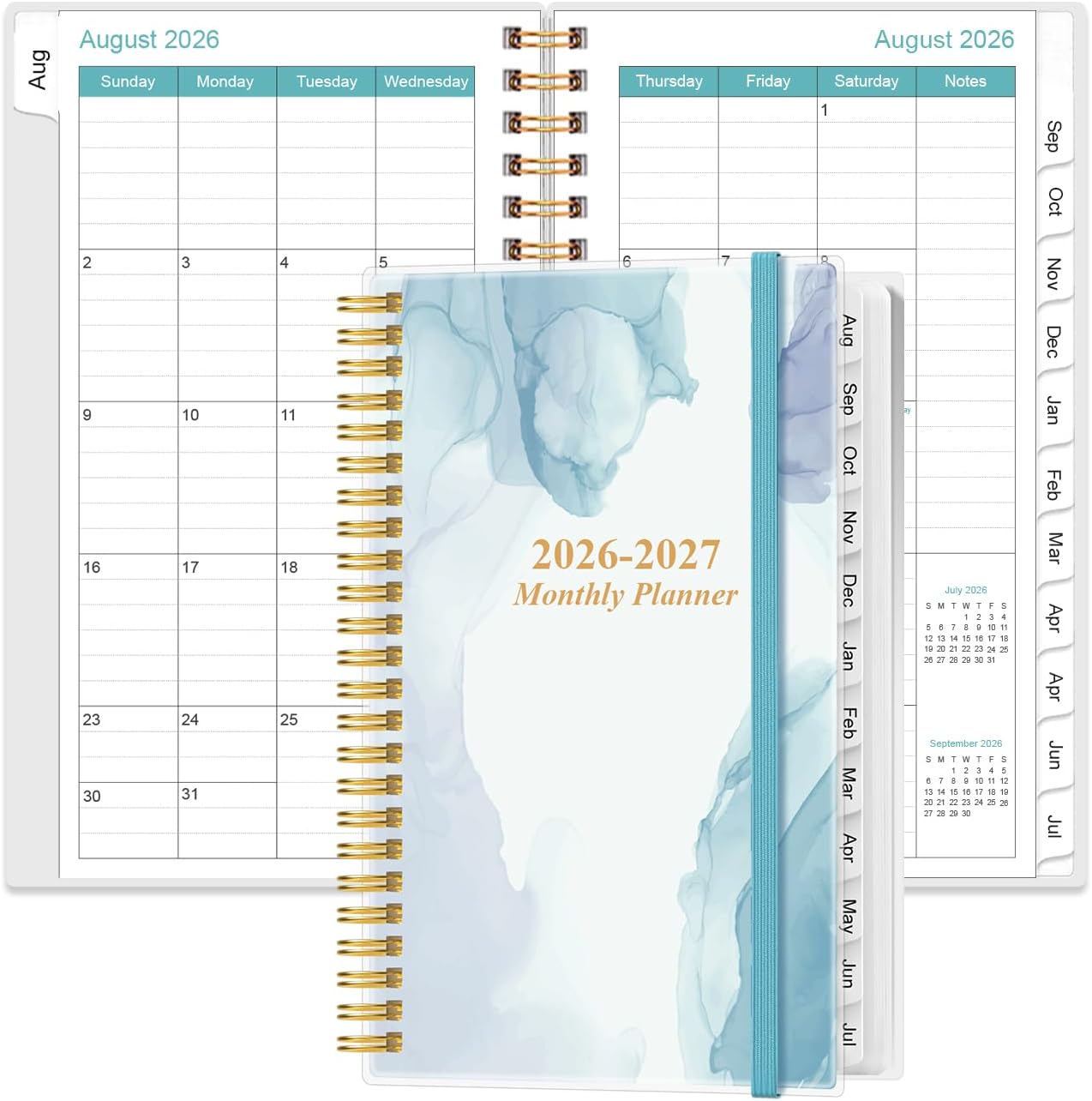 2026-2027 Monthly Planner - August 2026 - December 2027, Two Pages Per Month, 17 Monthly Calendar/Planner with Tabs, Strong Twin-Wire Binding, Inner Pocket, 3.75" x 6.5", Blue Watercolor
