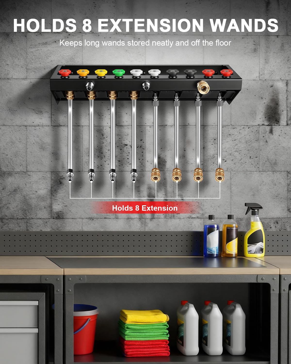 Pressure Washer Gun Holder with 1/4 Inch Quick Connector, Wall Mount Organizer for Foam Cannon, Nozzles and Extension Wands