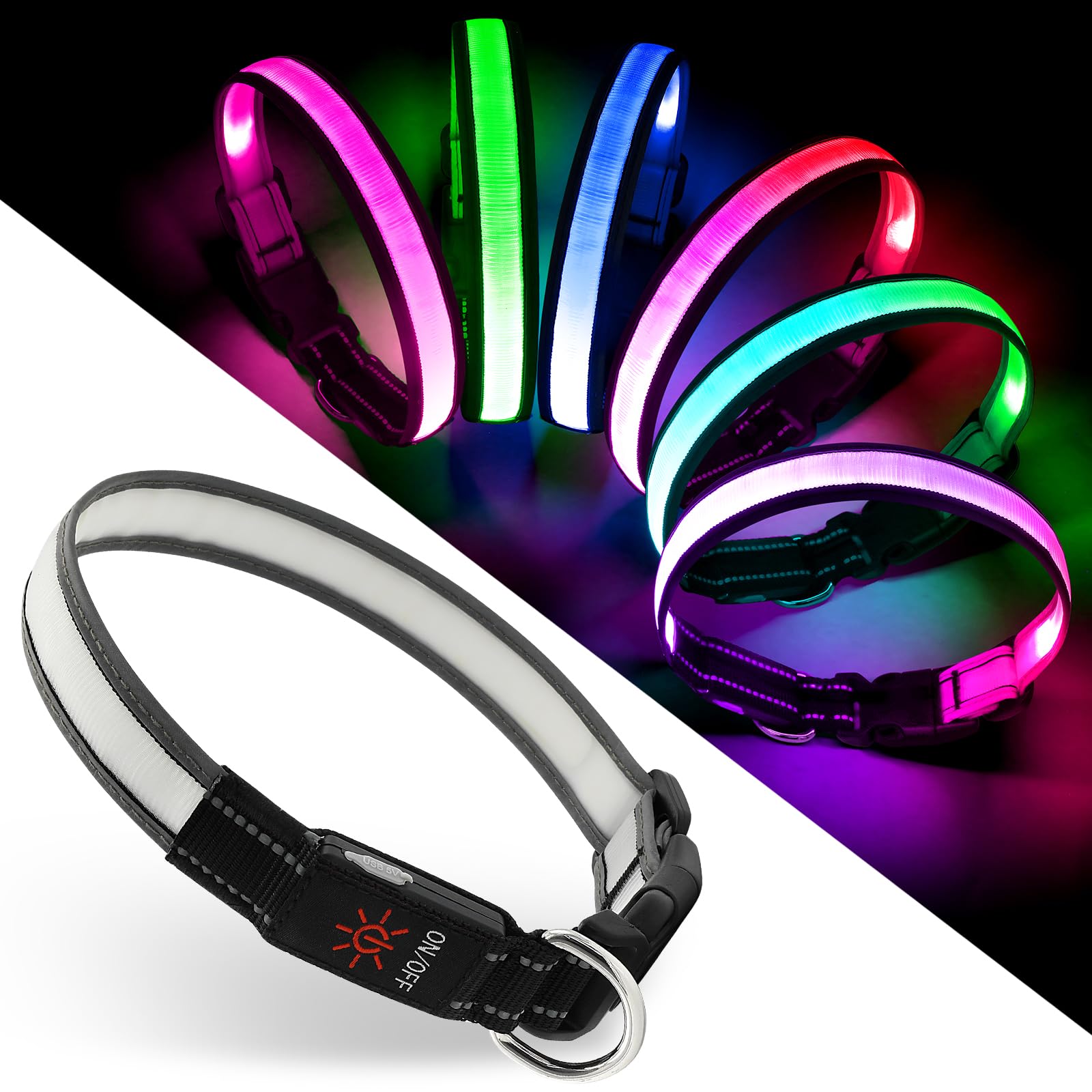 Leuchthalsband Hund, Mehrfarbiges LED-Hundehalsband mit 7 Beleuchtungsmodi – USB-C Wiederaufladbare, Echtzeit-Batterieanzeige – Wasserdicht verstellbar Leuchthalsband für Kleine Mittlere Große Hunde