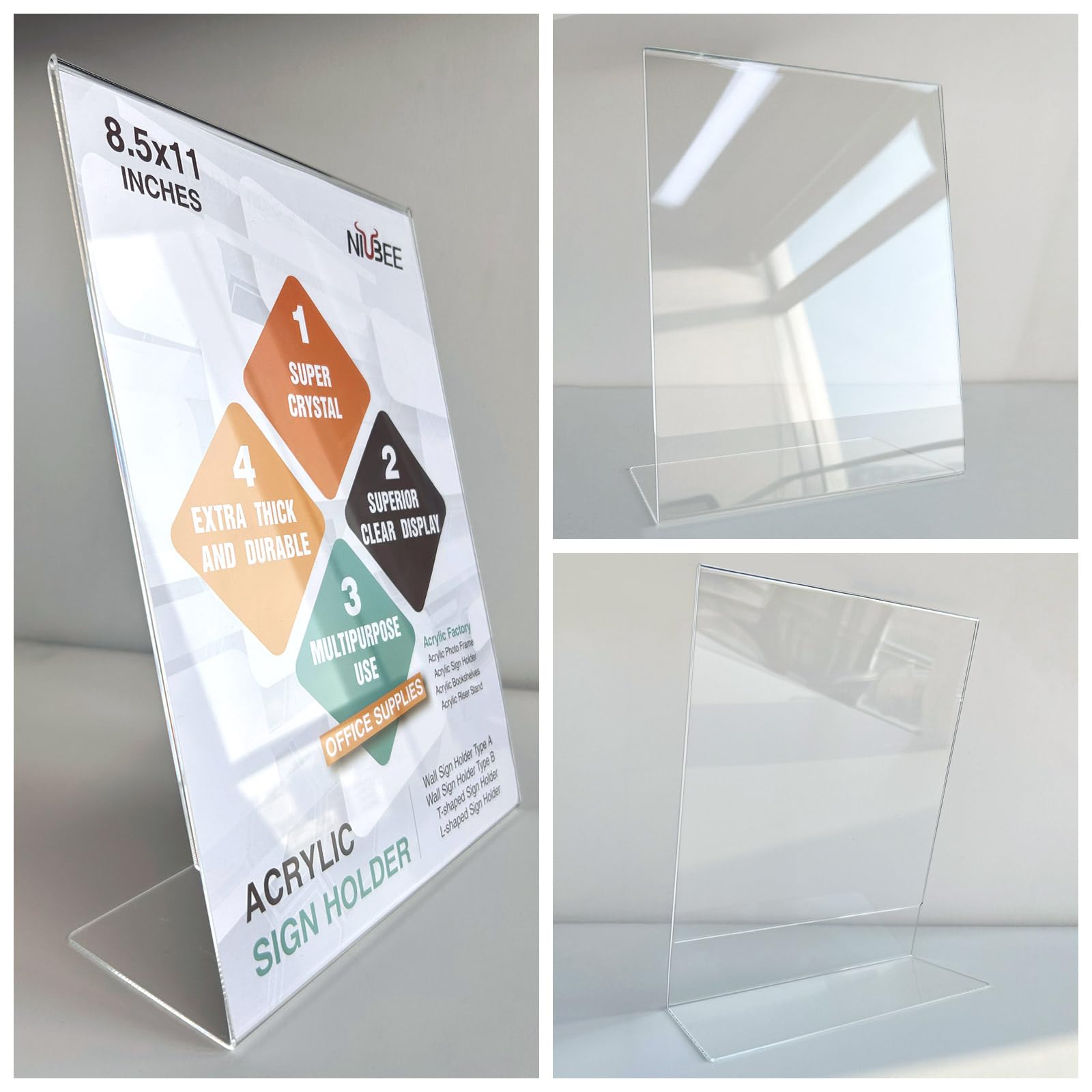 Niubee, supporto per insegne in acrilico, 20 x 23 cm, con retro inclinato, in plastica trasparente, per ufficio, negozio, ristorante (confezione da 10)