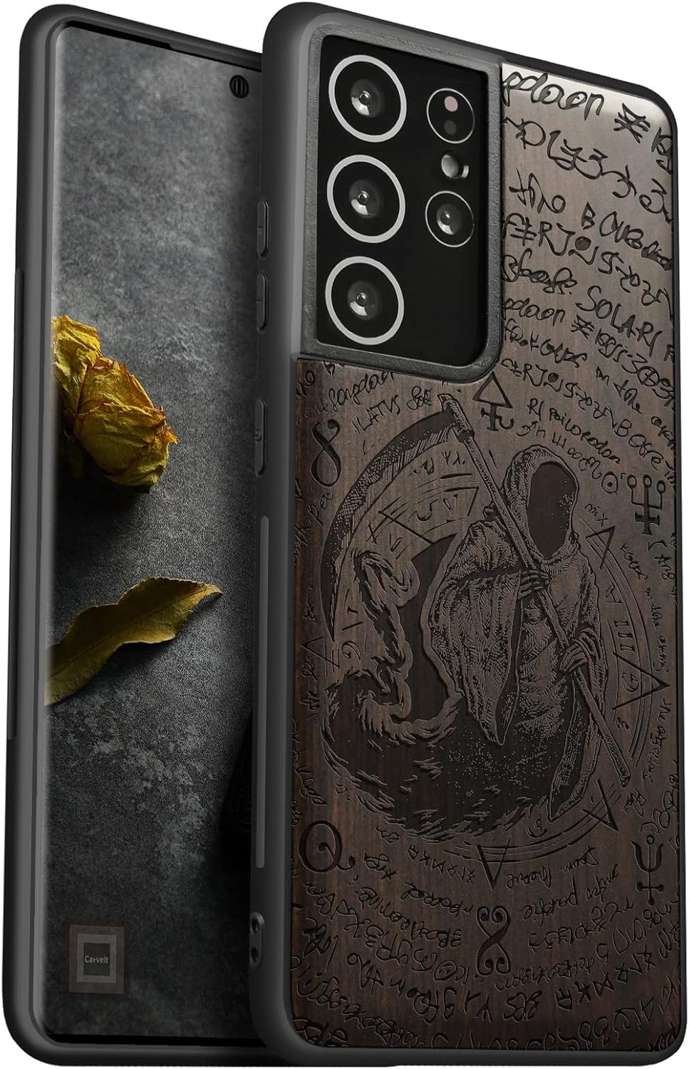 Carveit Wood Case for Galaxy S21 Ultra Case [Natural Wood & Black Soft TPU] Shockproof Protective Cover Wooden Case Compatible with Samsung S21 Ultra 5G (The Grim Reaper of Carved-Blackwood)