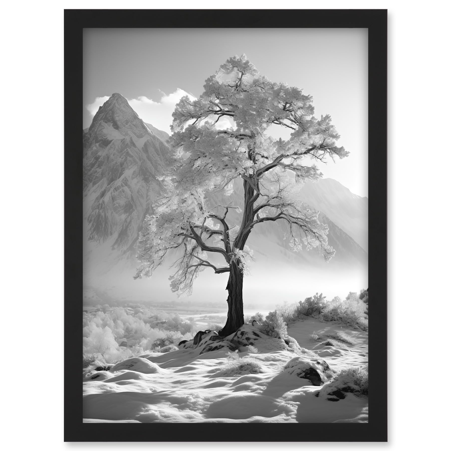 Artery8 Frozen Tree in Snowy Mountain Landscape Bright Black and White Photograph Winter Sunrise Crisp Morning Light Artwork Framed A3 Wall Art Print