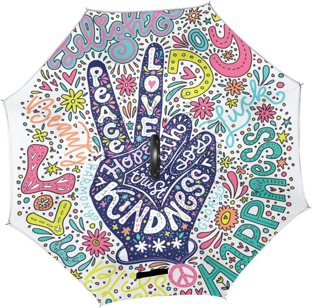 ALAZA Floral Peace Sign Gesture Windproof Inverted Open Close Reverse Rain Umbrella Inside Out Quality Waterproof Parasol Upside Down Stick Shelter with Hook c Handle