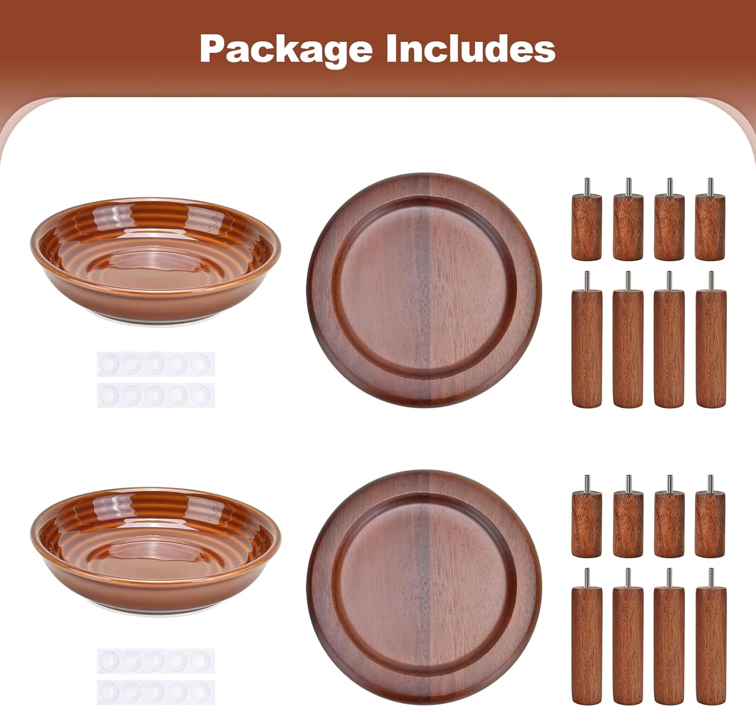 SPUNKYJUNKY Shallow Elevated Cat Bowl with Acacia Wood Stand Wide Raised Ceramic Cat Dishes Whisker Friendly Pet Food and Water Plates (Striped Pattern, 2 Pack, Brown)