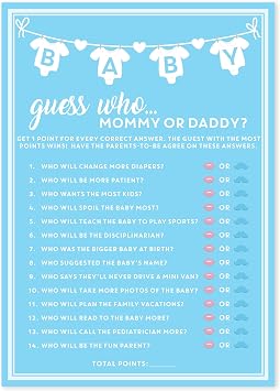 Party Hearty 50 pcs Baby Shower Games for Boy, Blue Mommy or Daddy Guess Who Game, Fun Activity Cards, Ideas