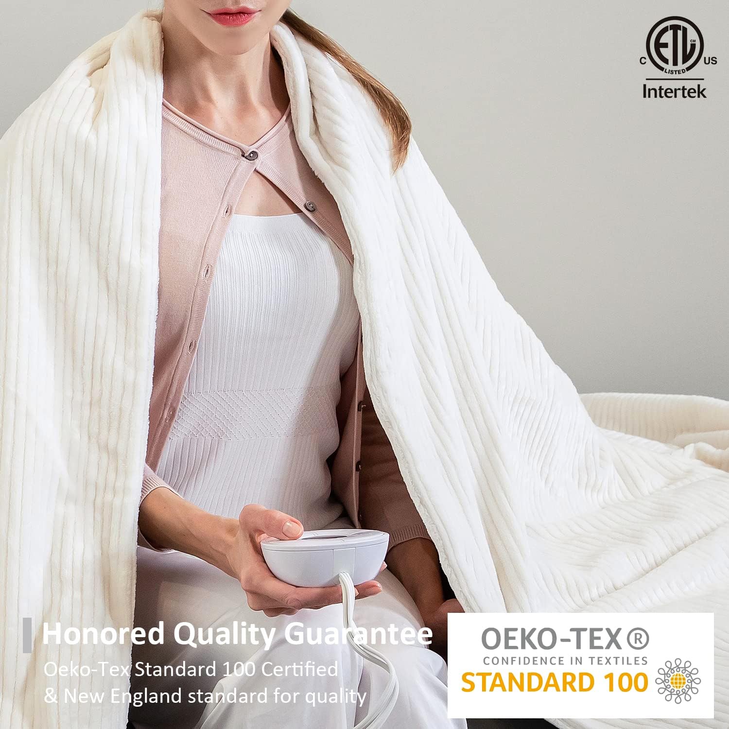 review berkshire Blanket Corduroy Stripe Electric Heated Blanket | Dobby Textured Instant Warmth Electric Blanket | Cream | Twin (84