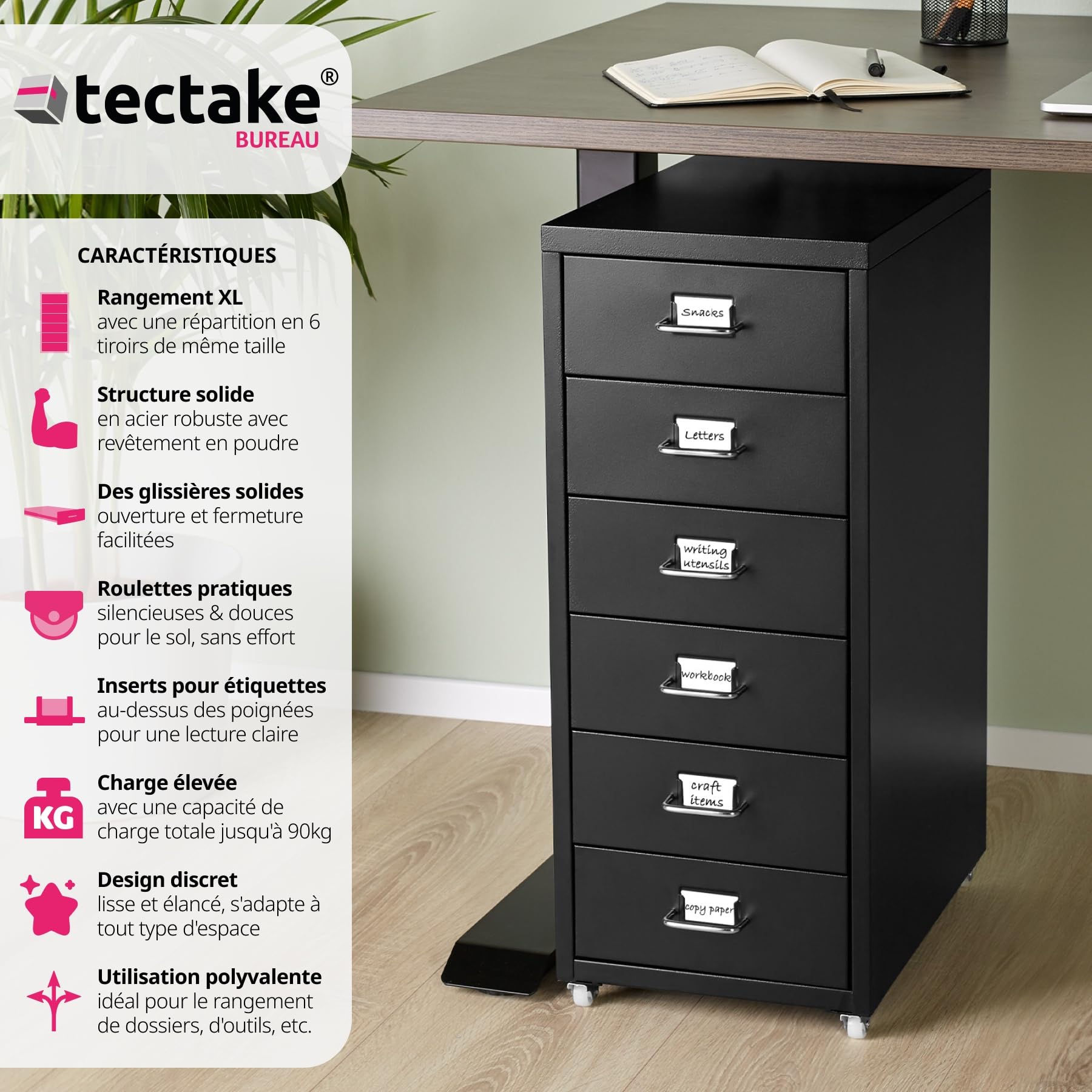 tectake® Caisson de Bureau Métallique Industriel 41 x 28 x 69 cm - Meuble de Rangement avec 6 Tiroirs pour Papier Administratif