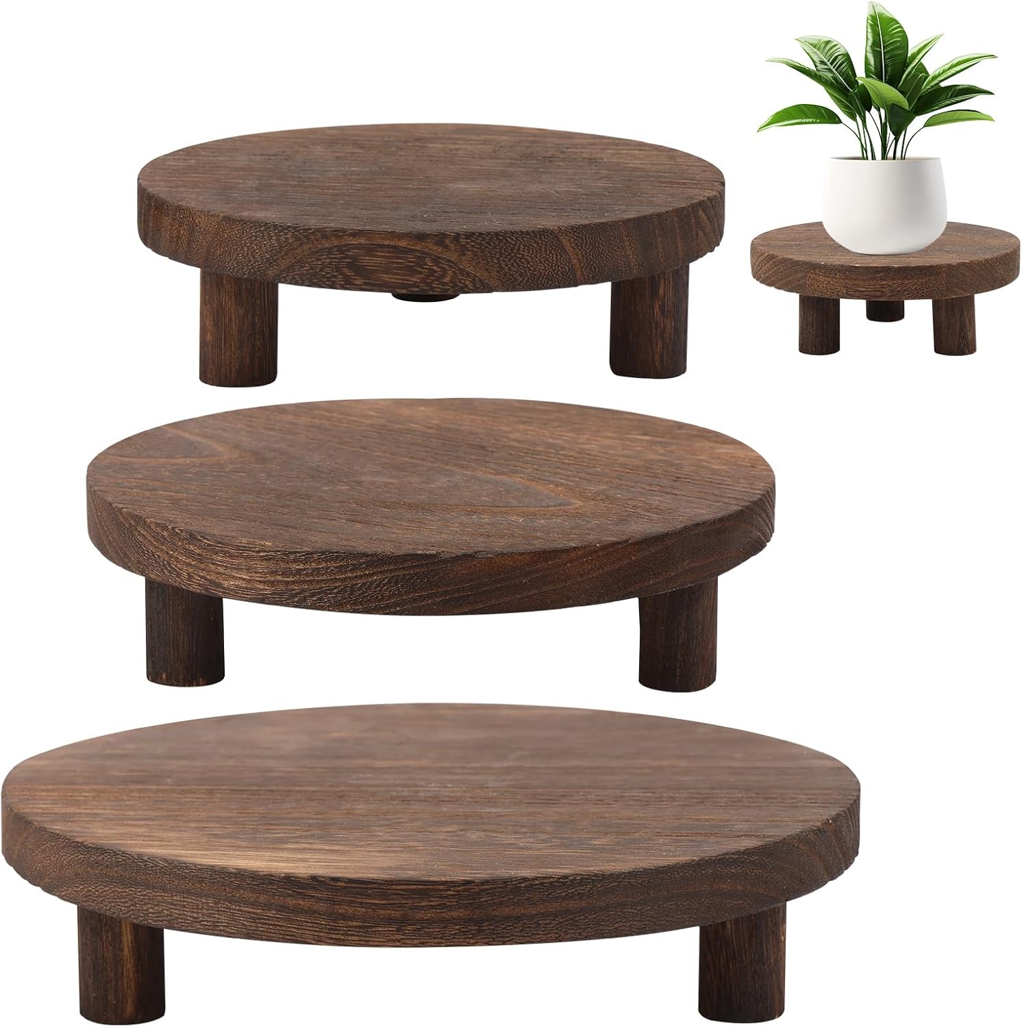 4 Pcs Small Wooden Plants Stool Display Stand, 5" 6" 7" 8" Pedestal Plant Risers for Decor, 4 Tiered Round Flower Pot Pedestal Holder for Desktop Counter Room Indoor Outdoor