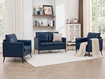 TYBOATLE Faux Leather Loveseat Sofa and Accent Chair Set of 2, Comfy Love Seat Couch and Chair Set, Mid-Century Modern 2 Seat Couches for Small Spaces, 3 Pieces Living Room Furniture Sets Blue, 3