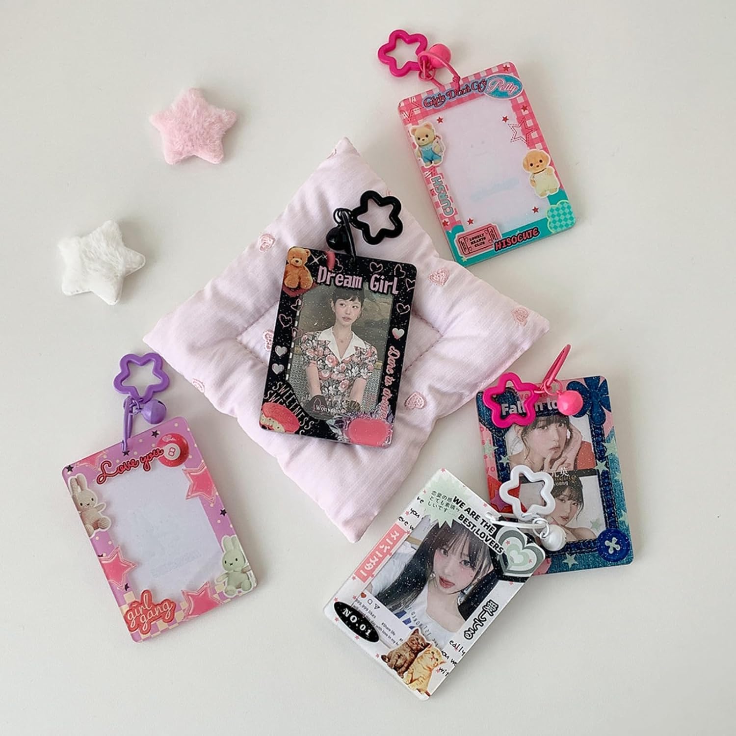Sparkly Acrylic Card Sleeve Keychain, Transparent Photocard Holder with Star Buckle & Bell for Functional Bag Charm