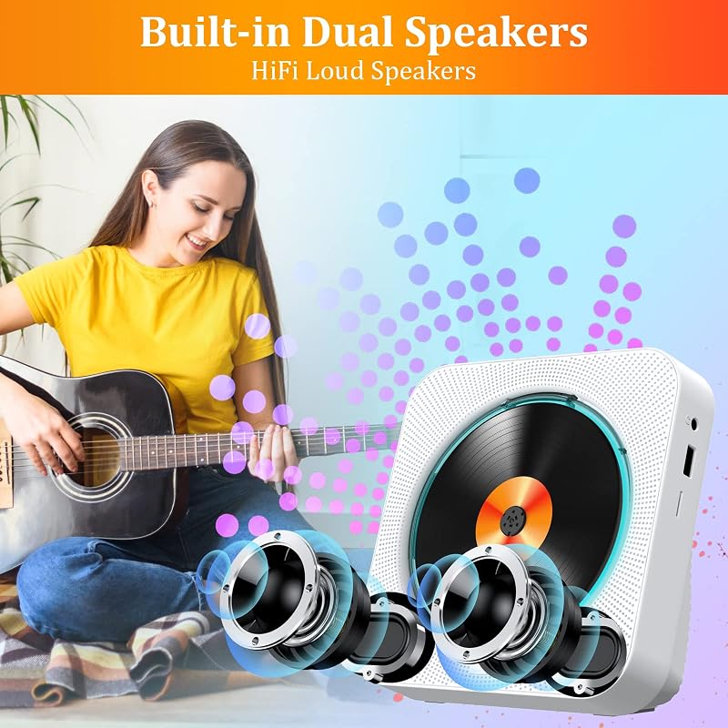 KOVCDVI CD Lejátszó Bluetooth 5.1 Rádióval - 5W Dupla Hangszóró, Távirányító, USB/SD Kártya Lejátszás, FM Rádió, Fehér