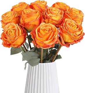 IPOPU 10PCS Orange Roses Artificial Flowers Vintage Silk Fake Flower Bouquet Faux Roses with Long Stems for Wedding Bouquet Table Centerpiece Home Party Decor(Orange)