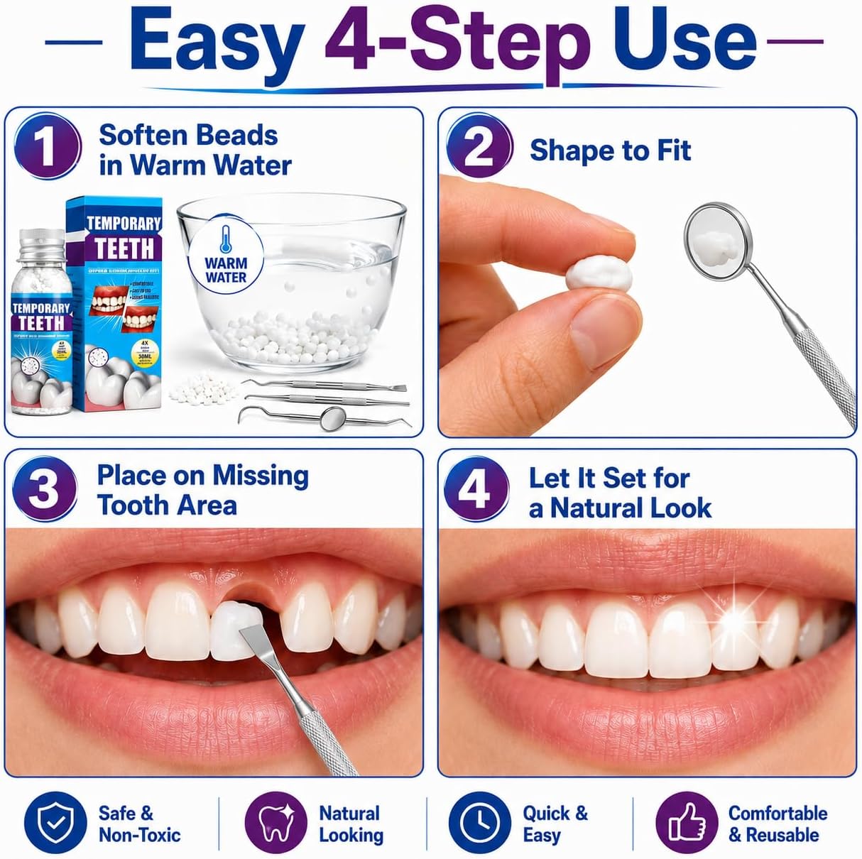 Tooth Repair Kit Moldable False Teeth Beads for Missing Teeth | DIY Temporary Tooth Filling Kit for Daily Smile Confidence | Natural-Looking Tooth Replacement Beads