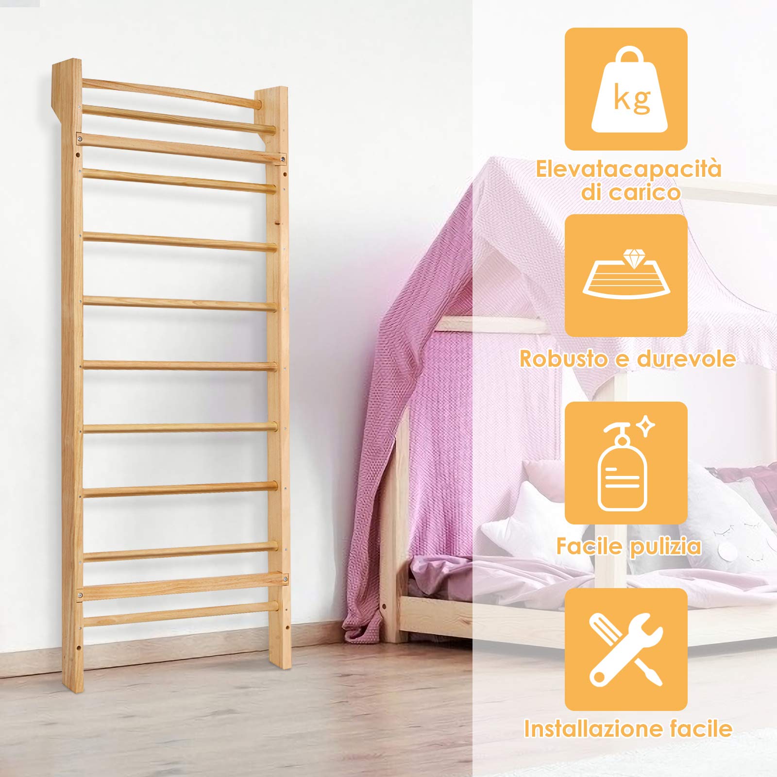 RELAX4LIFE Espaldera Gimnasio Casa de Madera Maciza de Pino con 10 Barras, Espaldera Madera de Pared para Niños y Adultos, Gimnasio Pared, Carga 150 kg, 195 x 80 x 14 cm