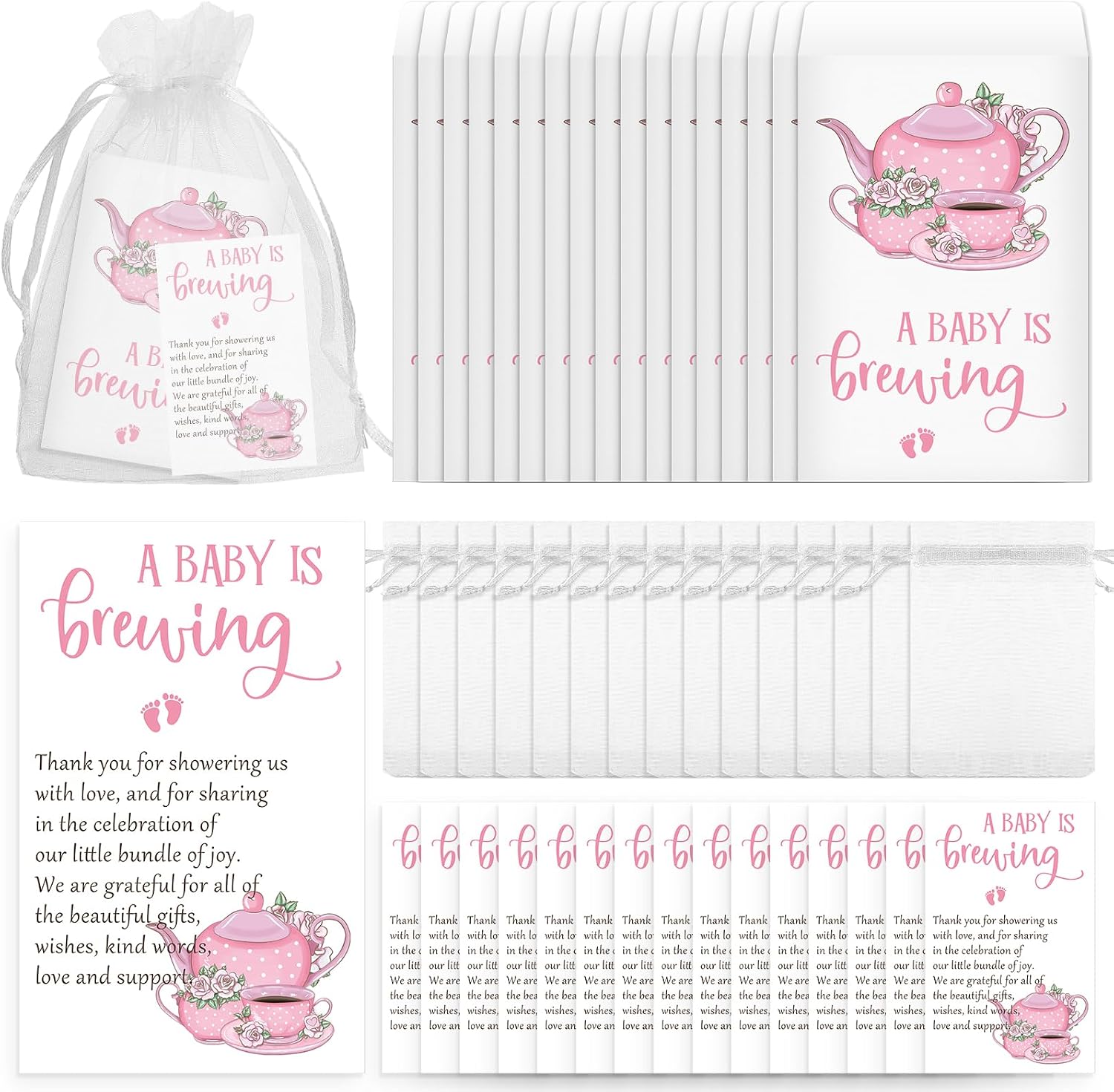 Spakon 50 Sets Baby Shower Favors for Guest Include a Baby Is Brewing Tea Bags Pink Thank You Cards Organza Bags Gender Reveal Supplies Souvenirs Prize, No Tea
