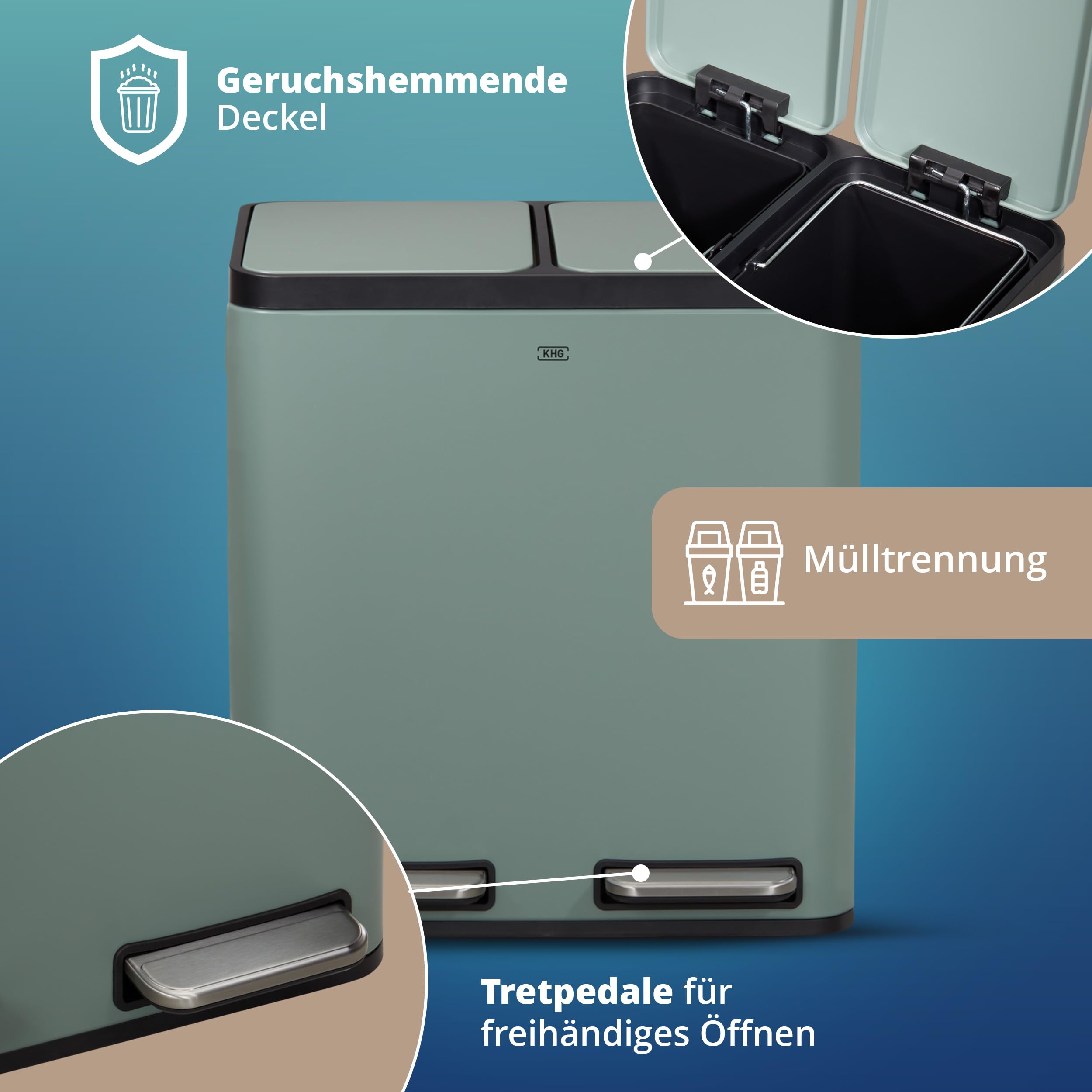KHG Mülleimer 30 Liter (2x15L) Grün mit Tretfunktion - Abfalleimer zur Mülltrennung mit 2 separaten Deckeln, pulverbeschichtetes Eisen, herausnehmbare Inneneimer aus Kunststoff